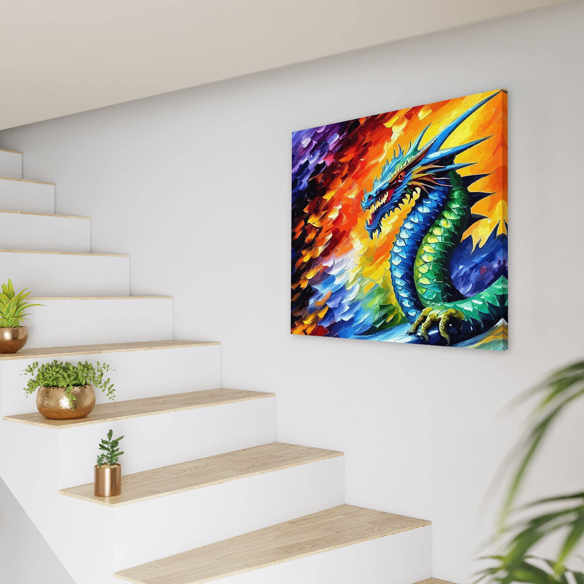 Colorful mythical Chinese dragon canvas wall art with vibrant scales and fiery abstract background on white wall by modern stairs