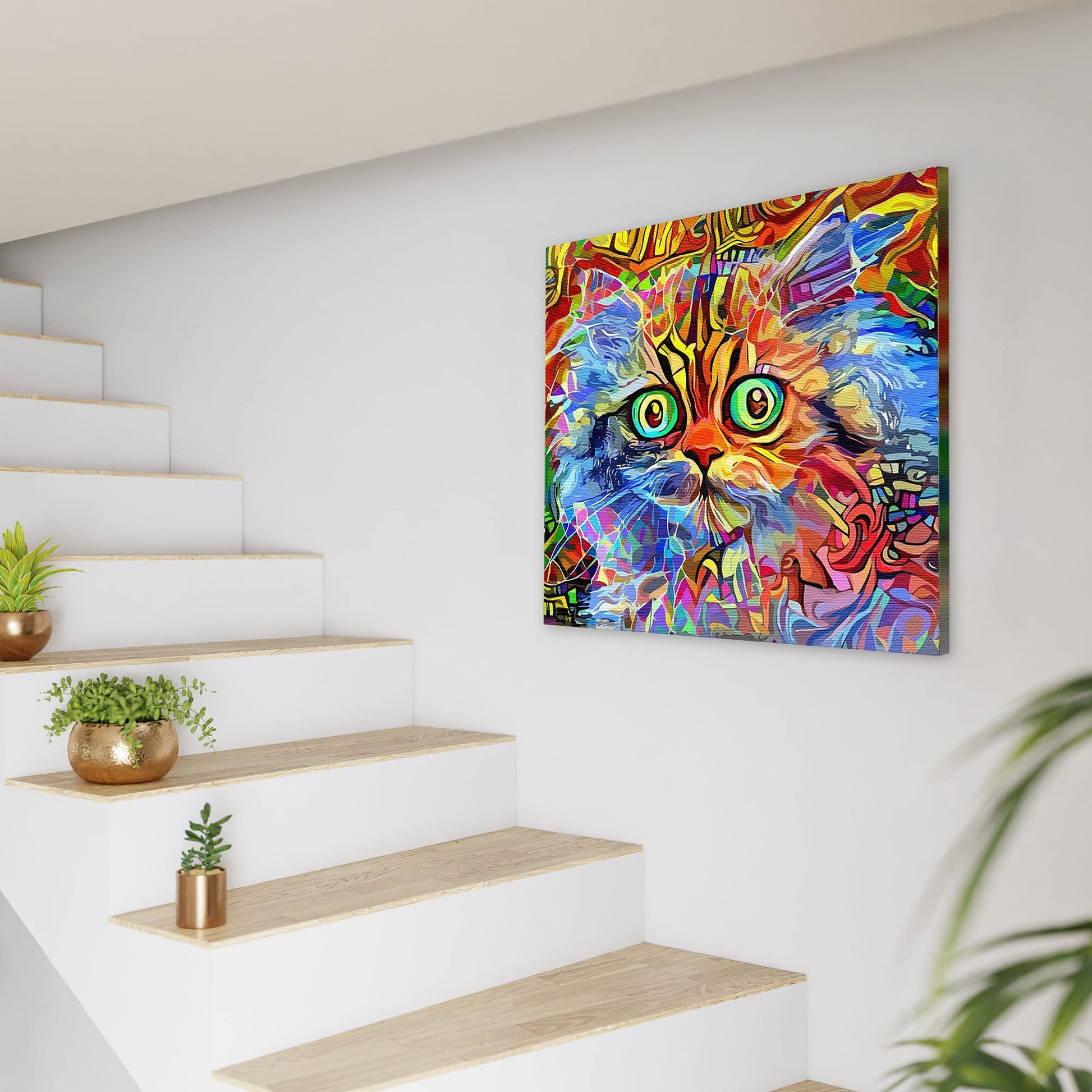 Vibrant multicolor cat wall art with abstract geometric patterns and wide green eyes on square canvas hanging by staircase