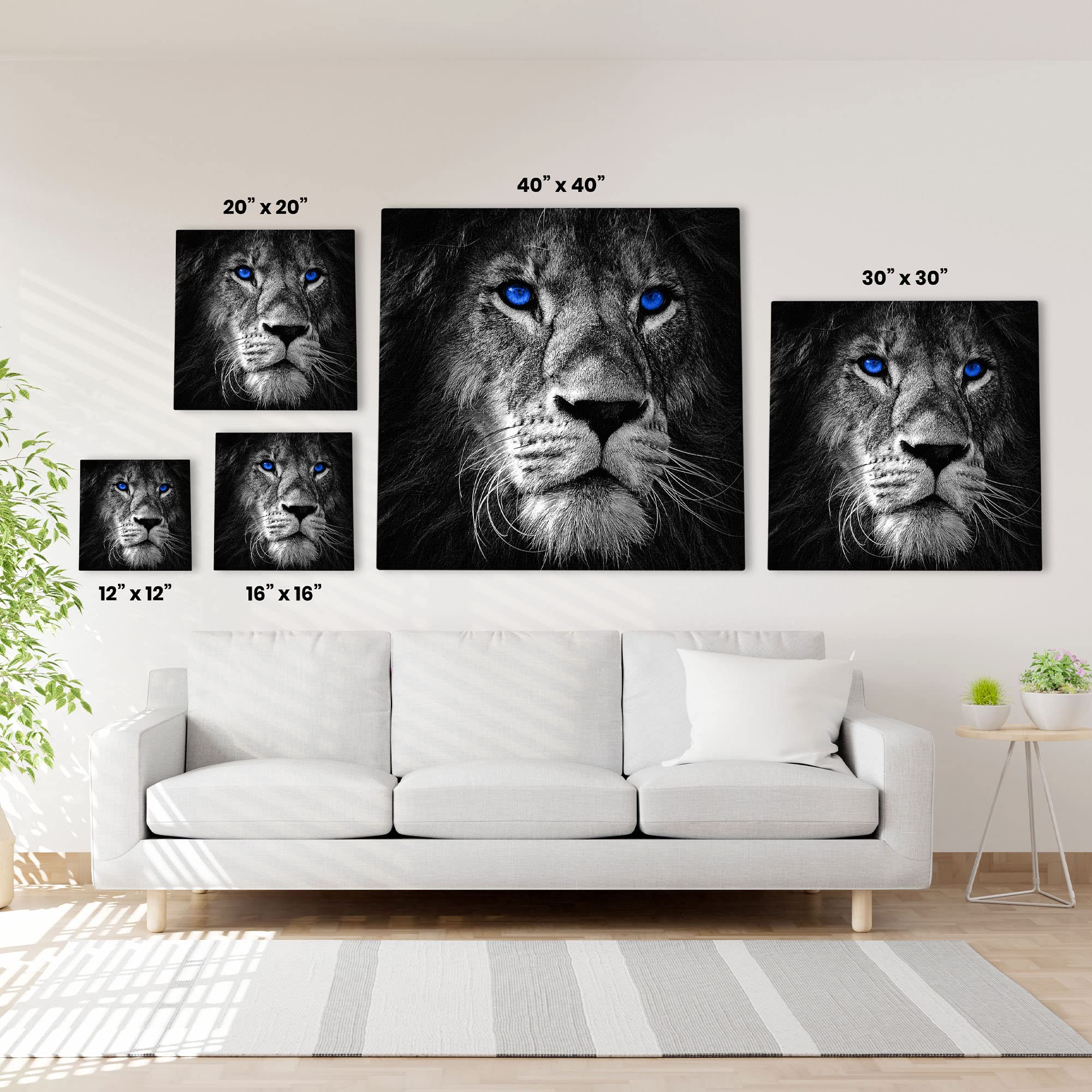 5 sizes of black and white lion face with vivid blue eyes printed on canvas displayed above white sofa in bright living room