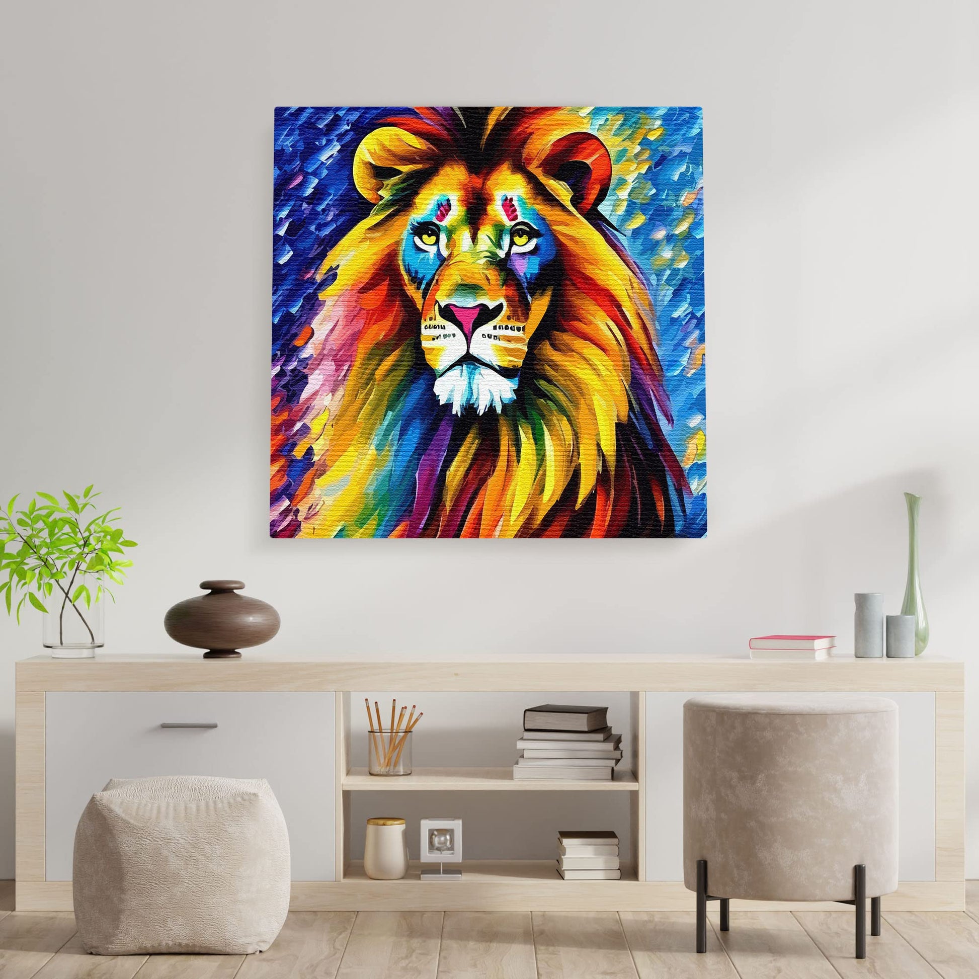 Colorful wise old lion artwork on square canvas displayed on white wall above wooden console in bright modern room