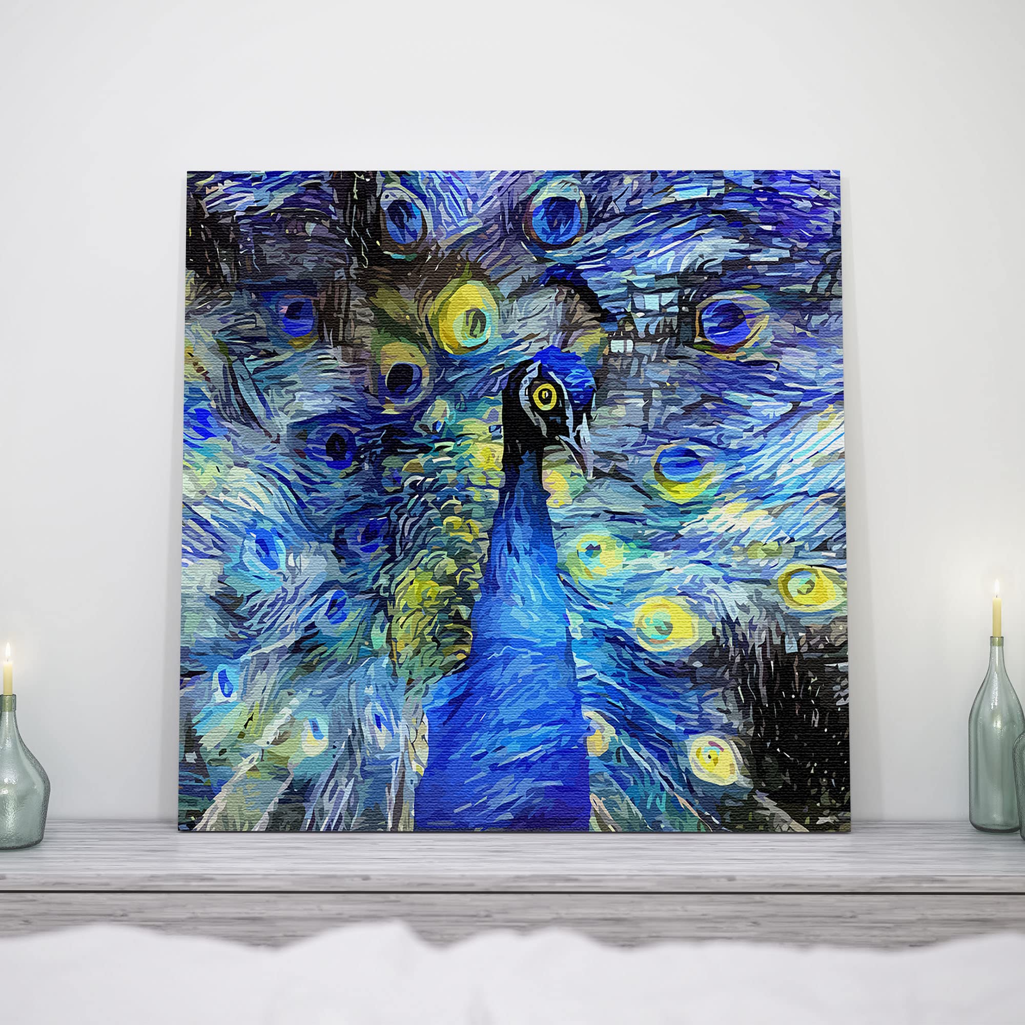 Blue abstract peacock with vibrant swirling and geometric digital patterns on square wall art above white wooden mantel