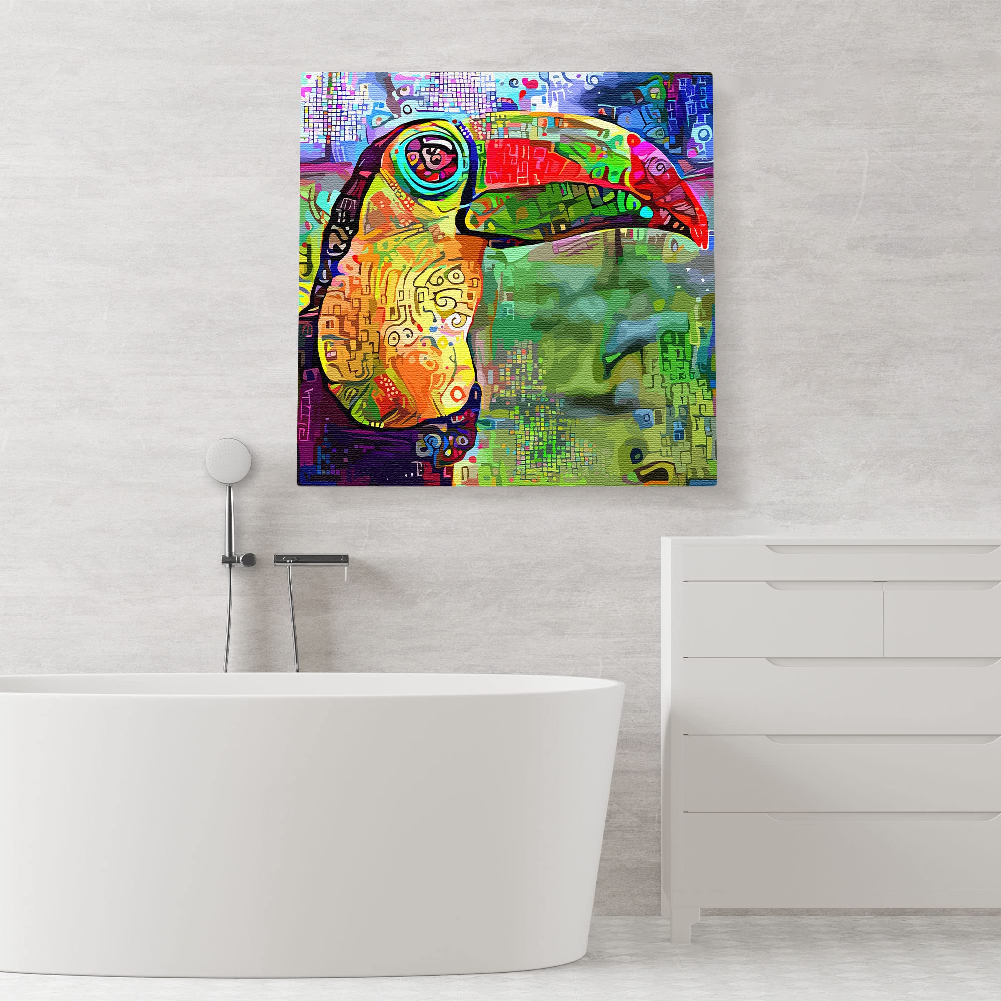 Colorful abstract toucan with vibrant geometric patterns on multicolor background printed on square canvas above bathtub