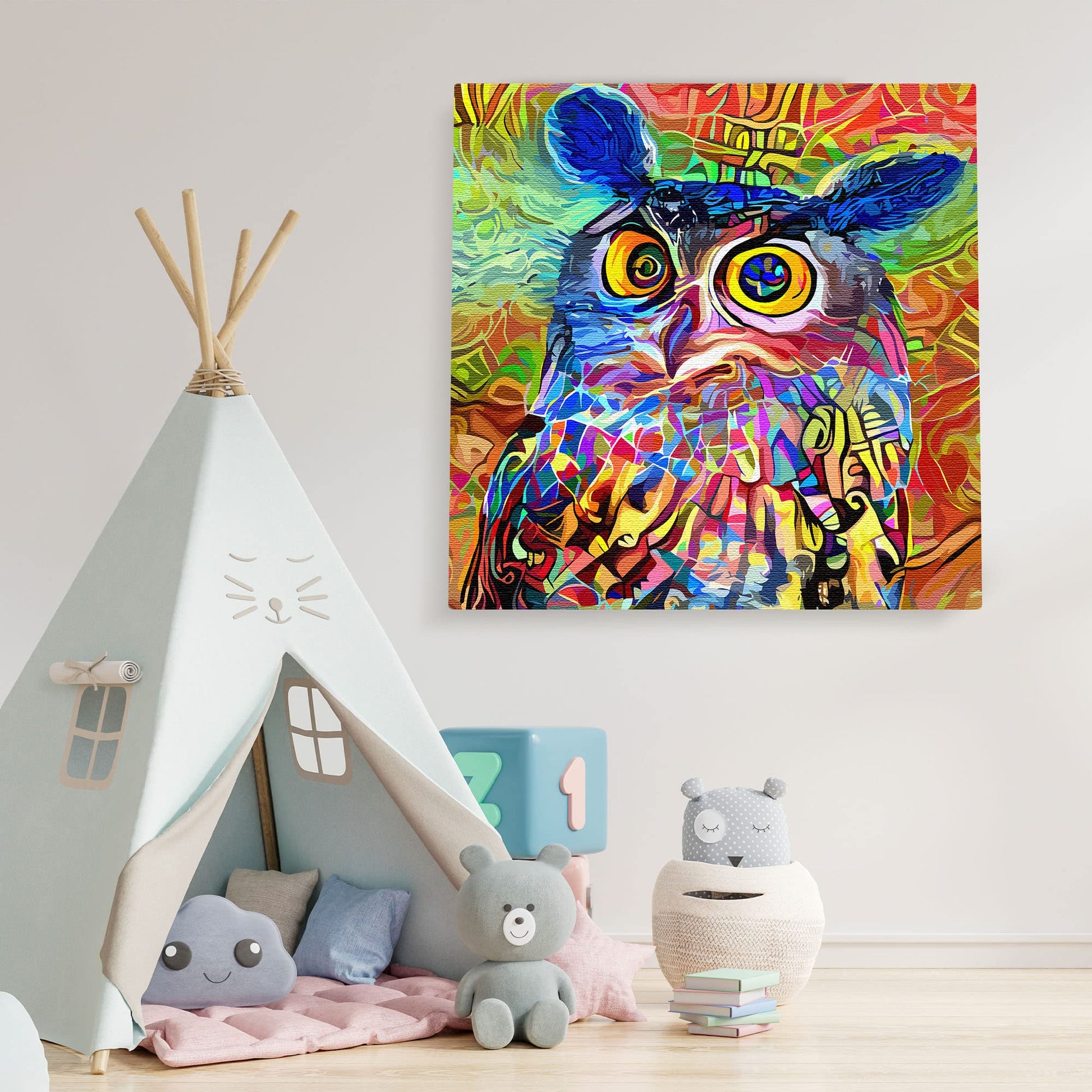 Colorful geometric mosaic owl with vibrant swirling and abstract patterns on square canvas wall art in children's room