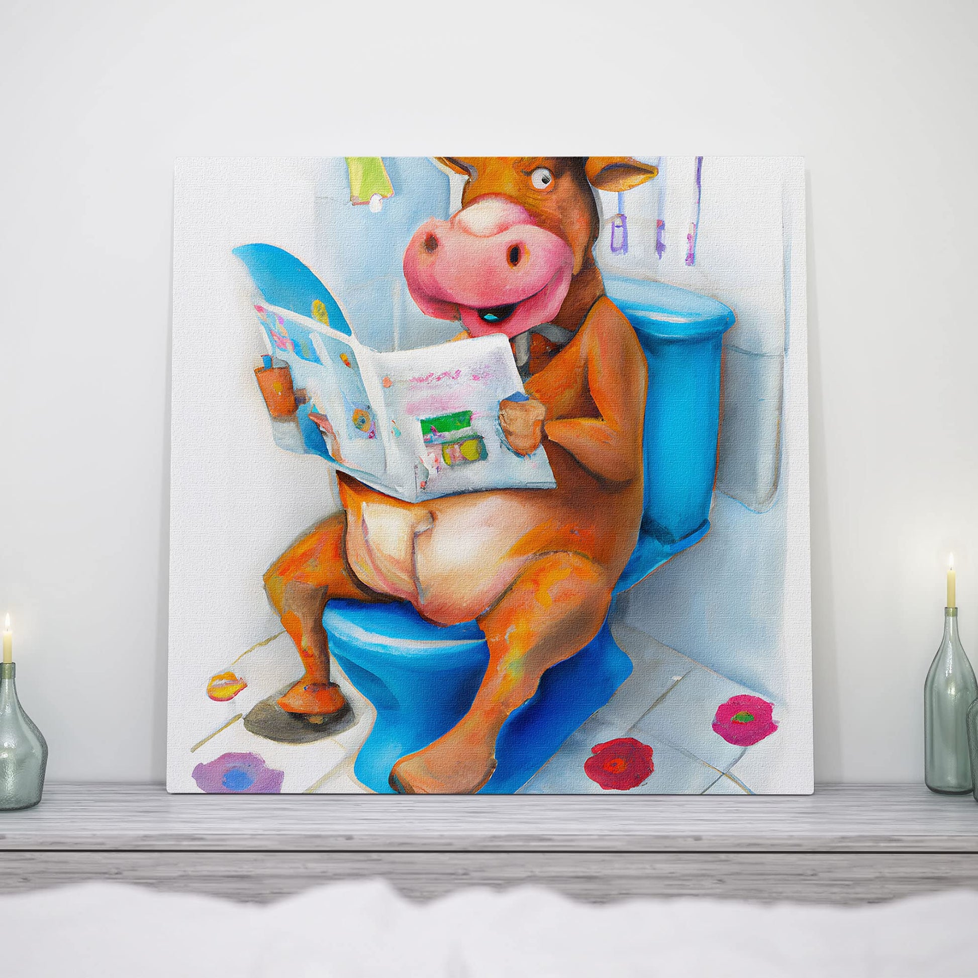 Colorful quirky funny cow watercolor wall art with cartoon cow sitting on blue toilet reading newspaper in bathroom setting with flowers