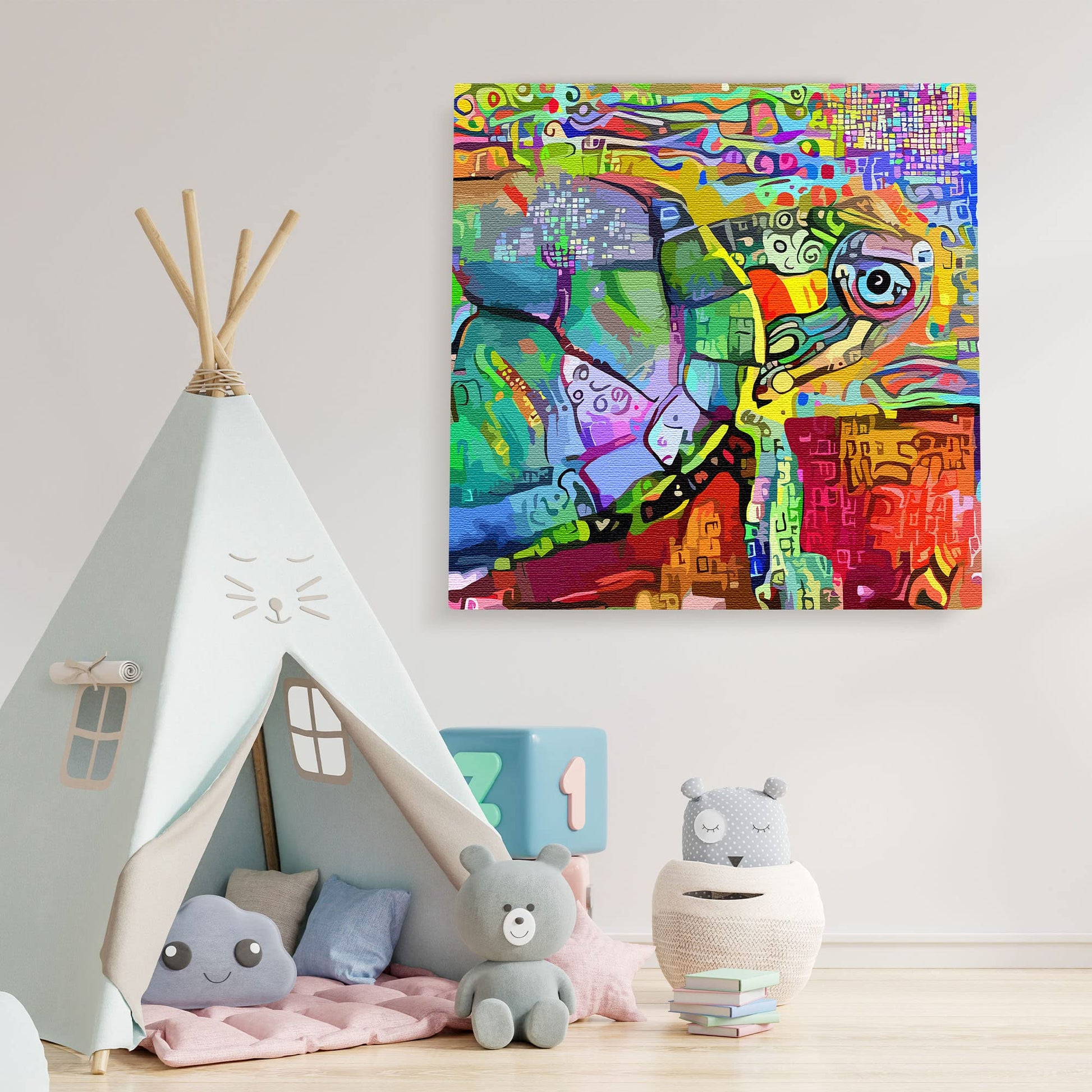 Colorful abstract sea turtle with vibrant patterns on multicolor background printed on square canvas in kids playroom