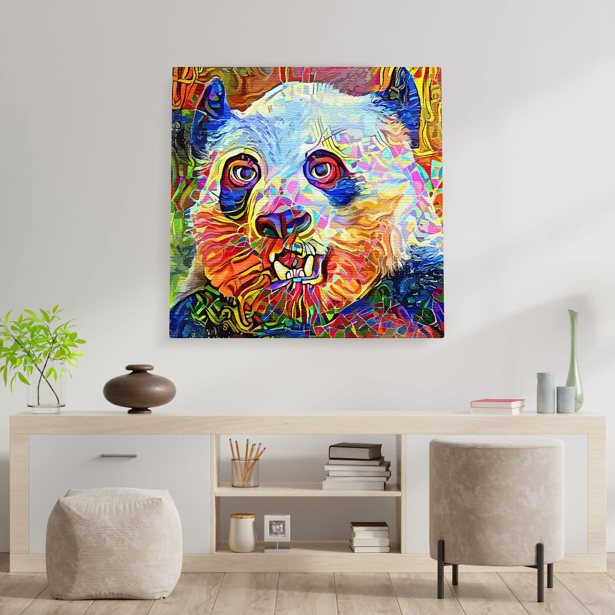 Colorful abstract panda bear with vibrant geometric and swirling patterns on square canvas wall art above modern wooden console table