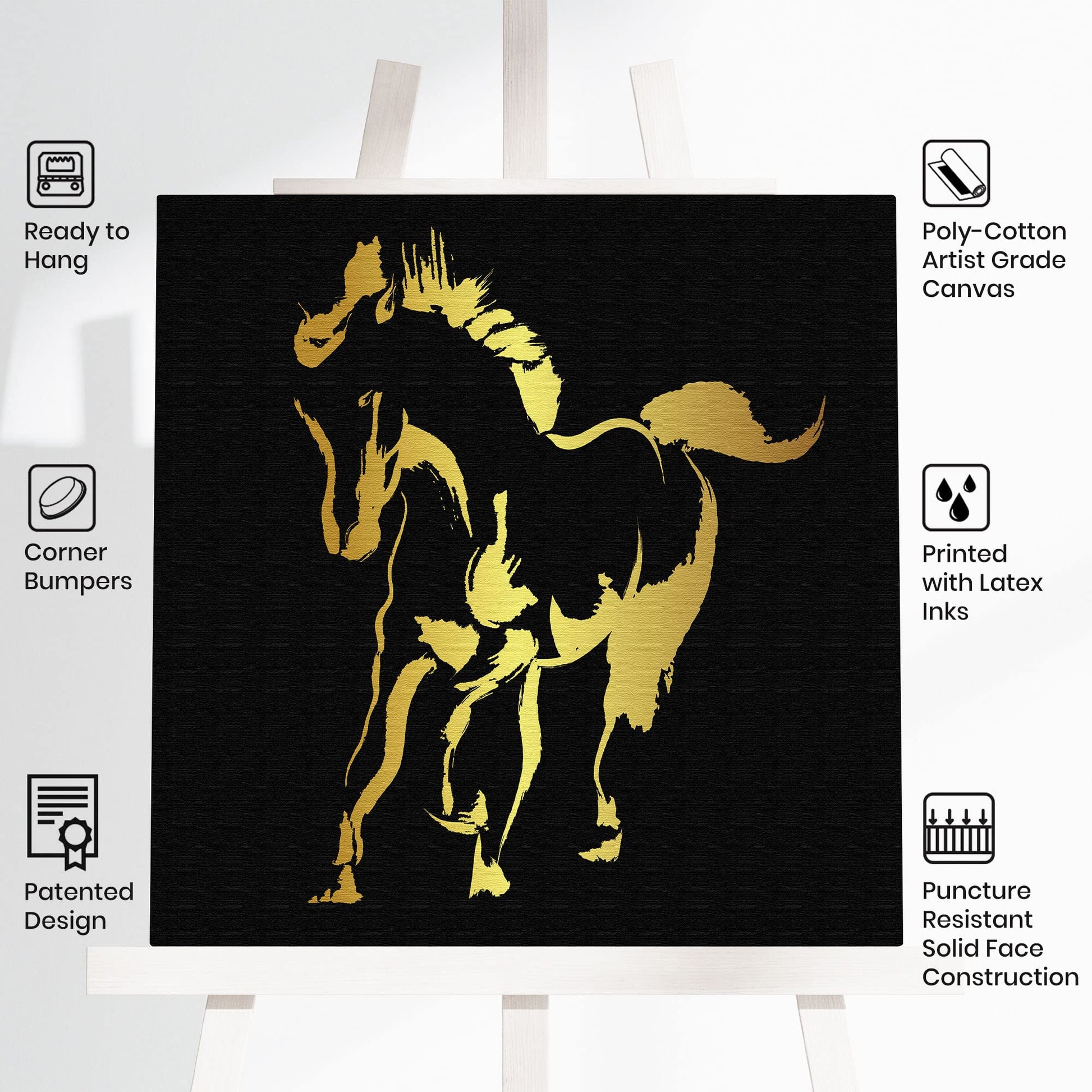 Abstract black and gold silhouette horse art print on textured poly-cotton canvas in modern minimalist display setting