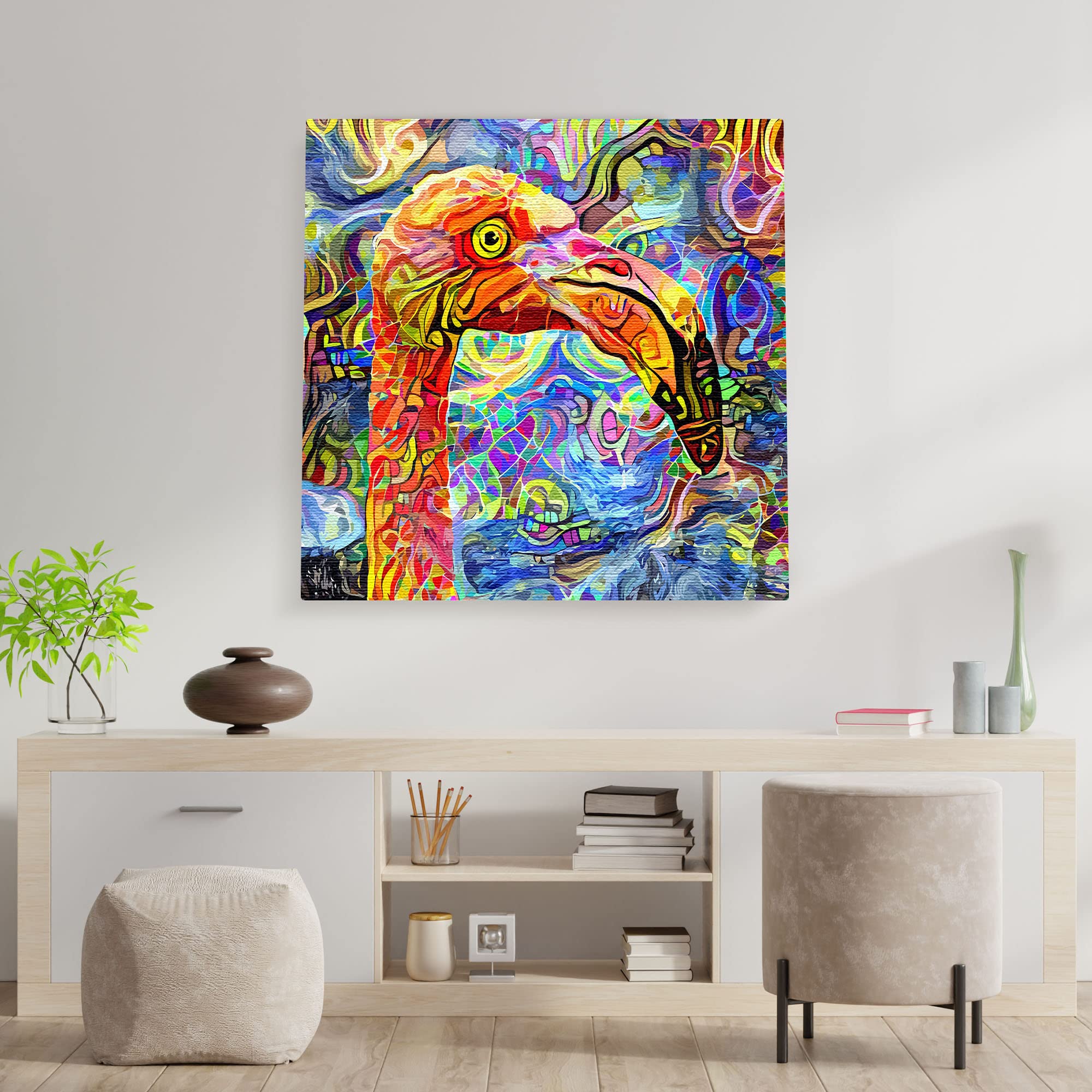 Colorful quirky abstract flamingo bird wall art with vibrant patterns hanging on white wall above modern console and plants