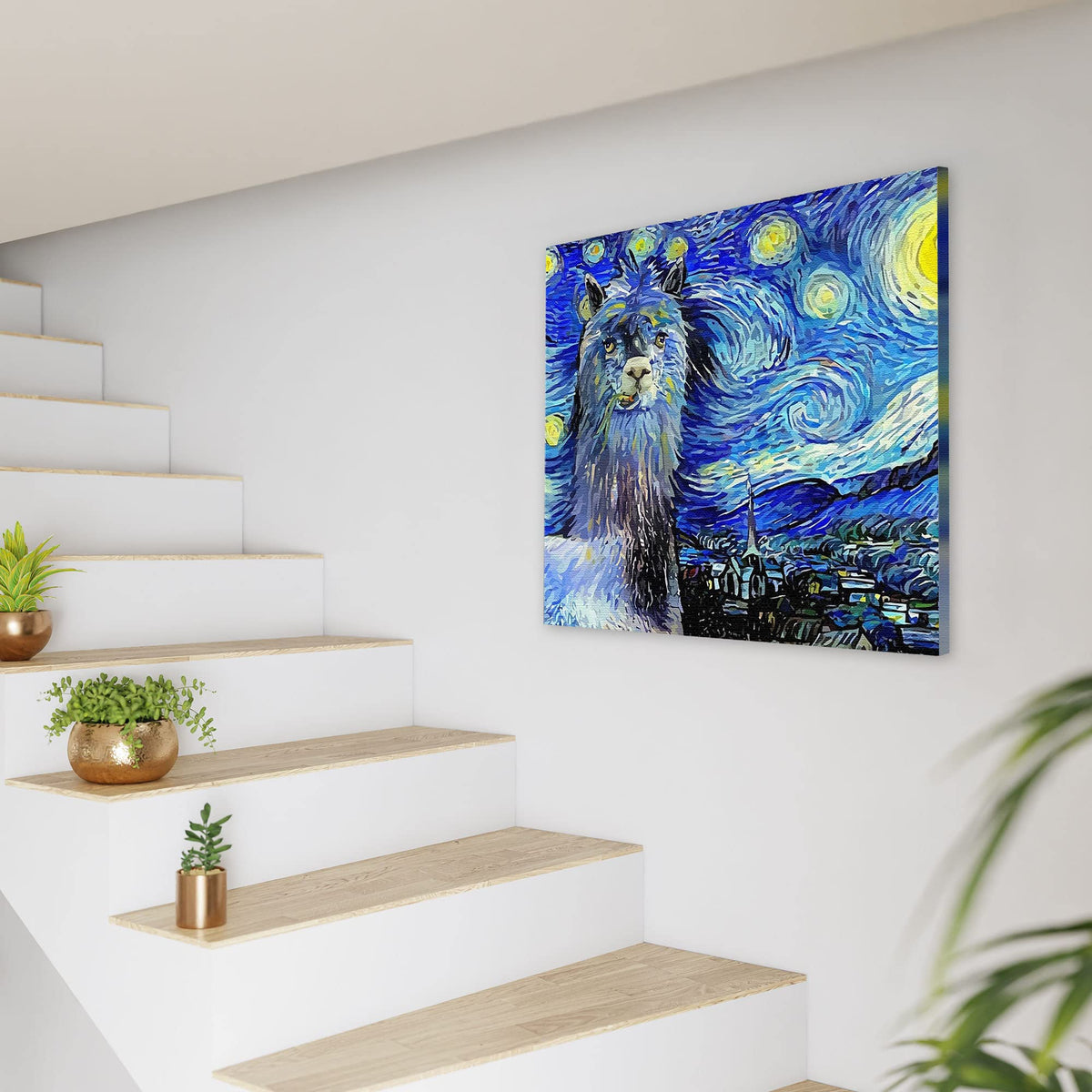 Humorous blue alpaca canvas artwork with vibrant blues, yellows, and swirling patterns inspired by Van Gogh’s Starry Night