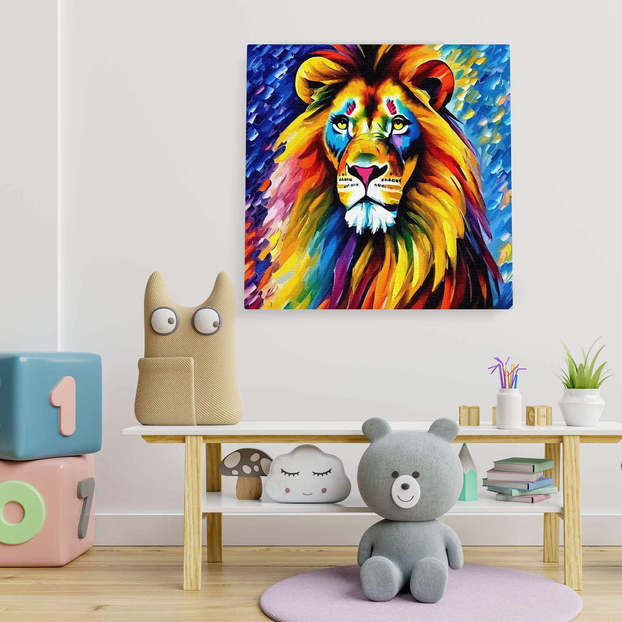 Colorful wise old lion artwork on square canvas displayed on white wall in bright children's playroom with toys