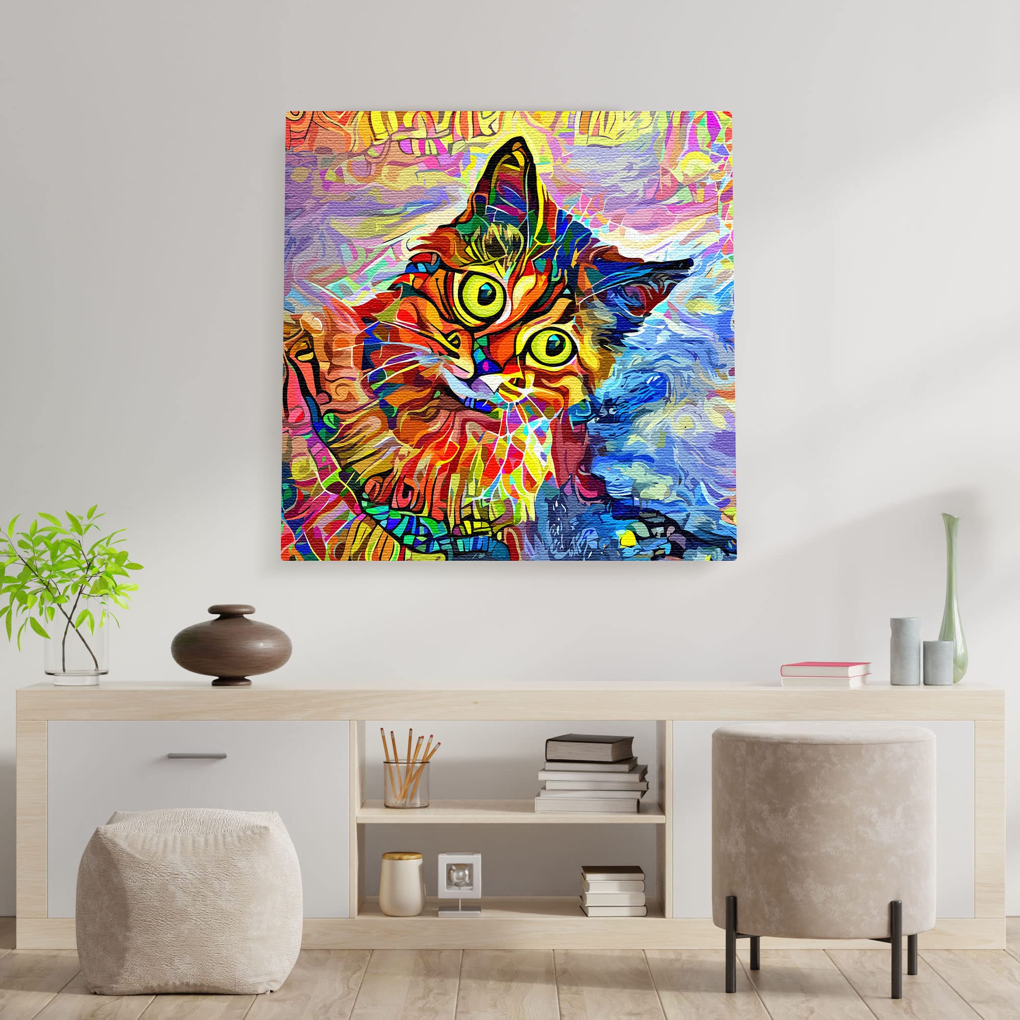 Abstract colorful cat wall art with vibrant oranges, blues, purples, and yellows in dynamic fluid painterly style on canvas