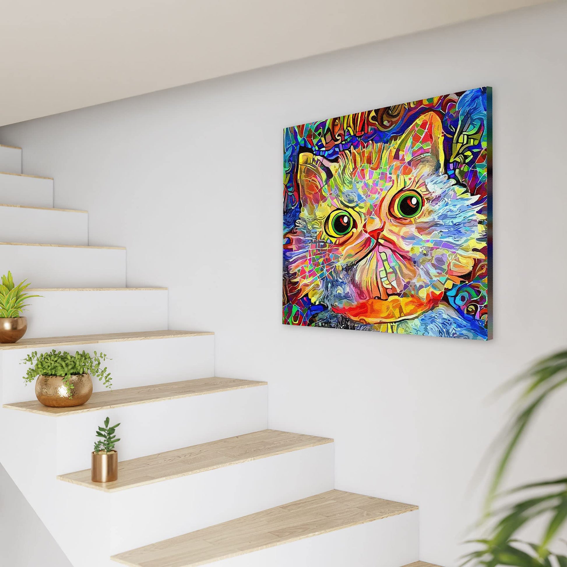 Vibrant funny cat wall art with colorful abstract patterns on square canvas displayed on white wall near modern staircase