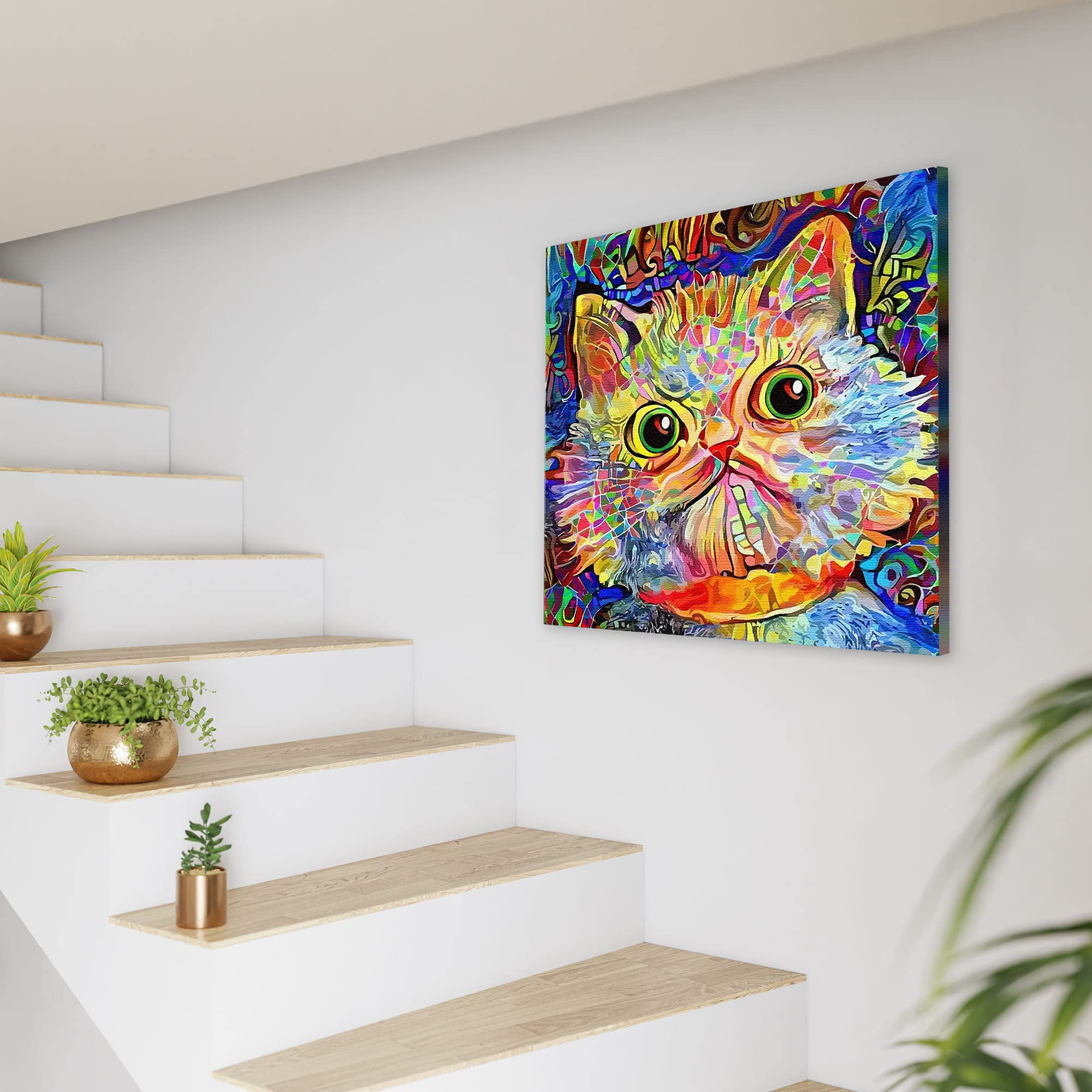 Vibrant funny cat wall art with colorful abstract patterns on square canvas displayed on white wall near modern staircase