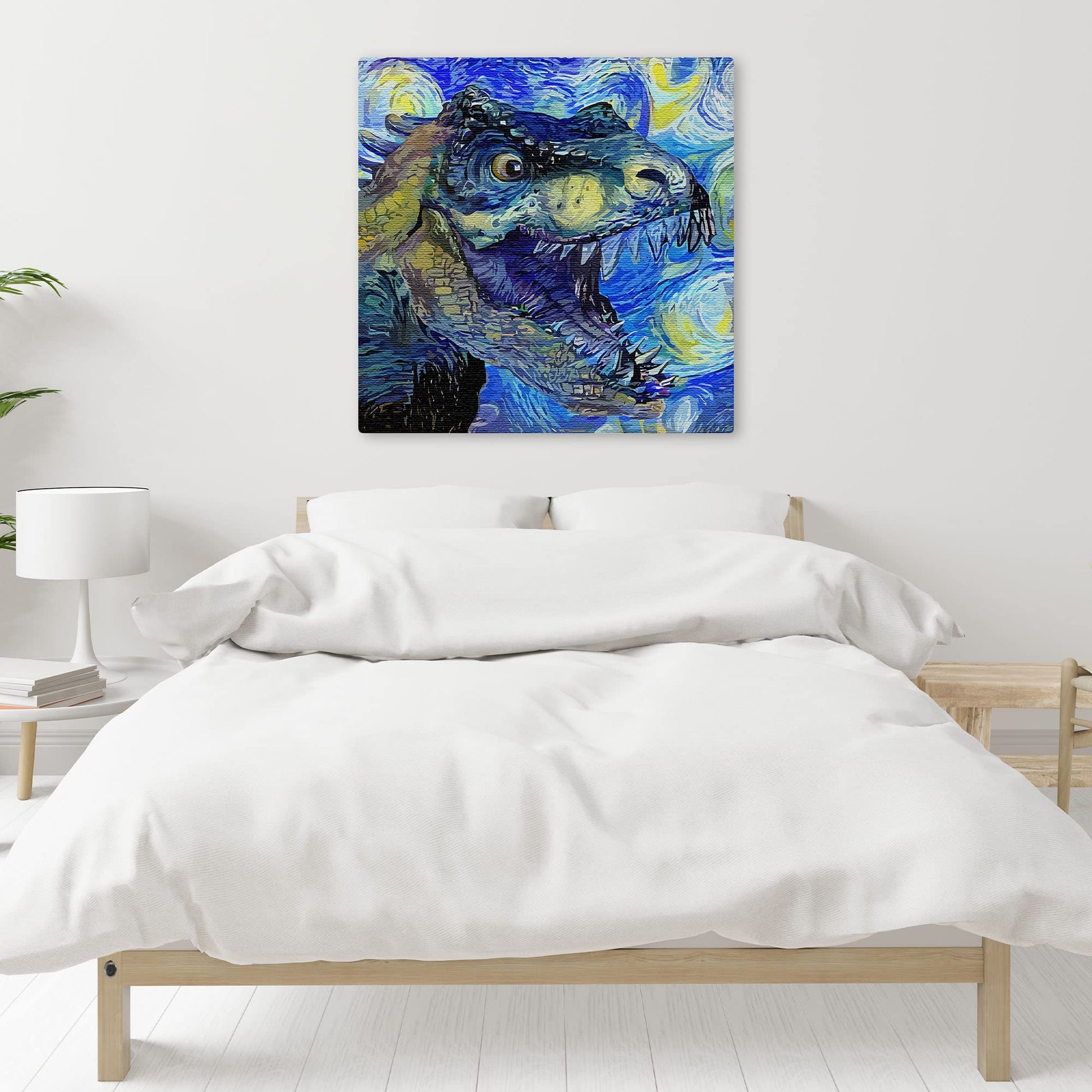 Blue Tyrannosaurus Rex dinosaur art with swirling vibrant brushstrokes on square canvas above bed in modern bedroom