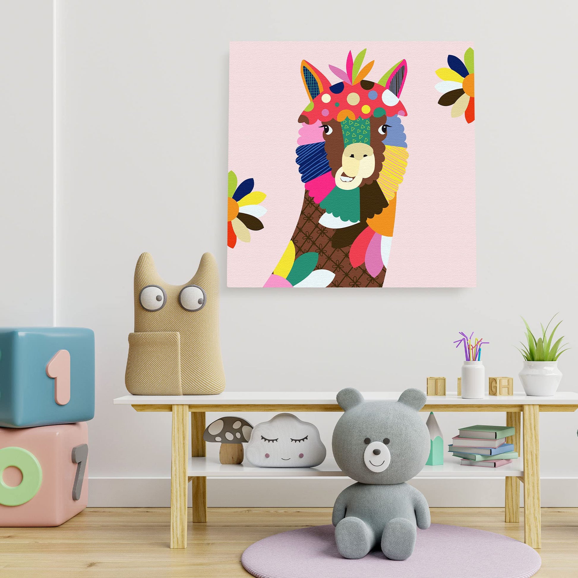 Colorful abstract alpaca nursery wall art with vibrant pinks, greens, yellows, blues, and oranges in geometric floral patterns