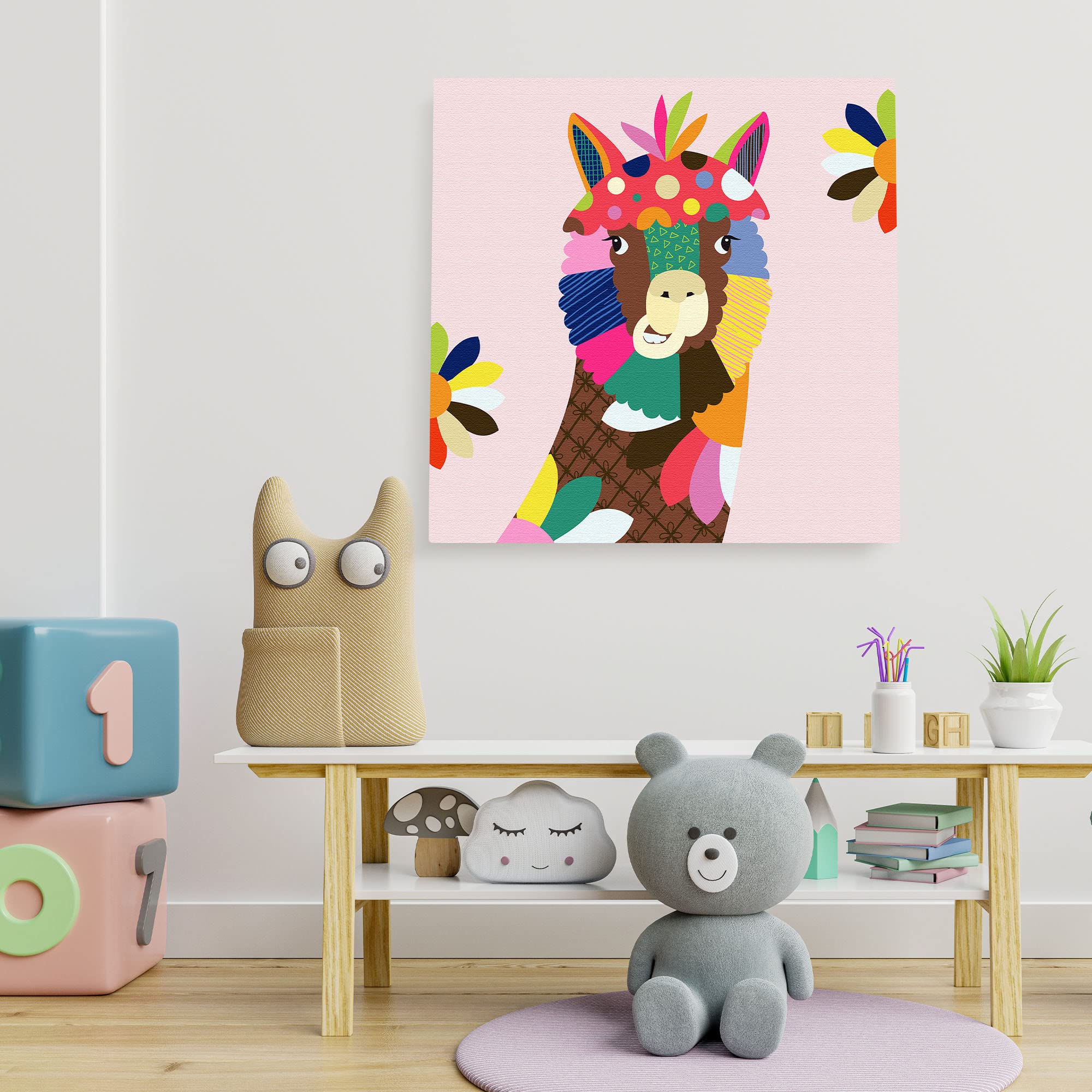 Colorful abstract alpaca nursery wall art with vibrant pinks, greens, yellows, blues, and oranges in geometric floral patterns