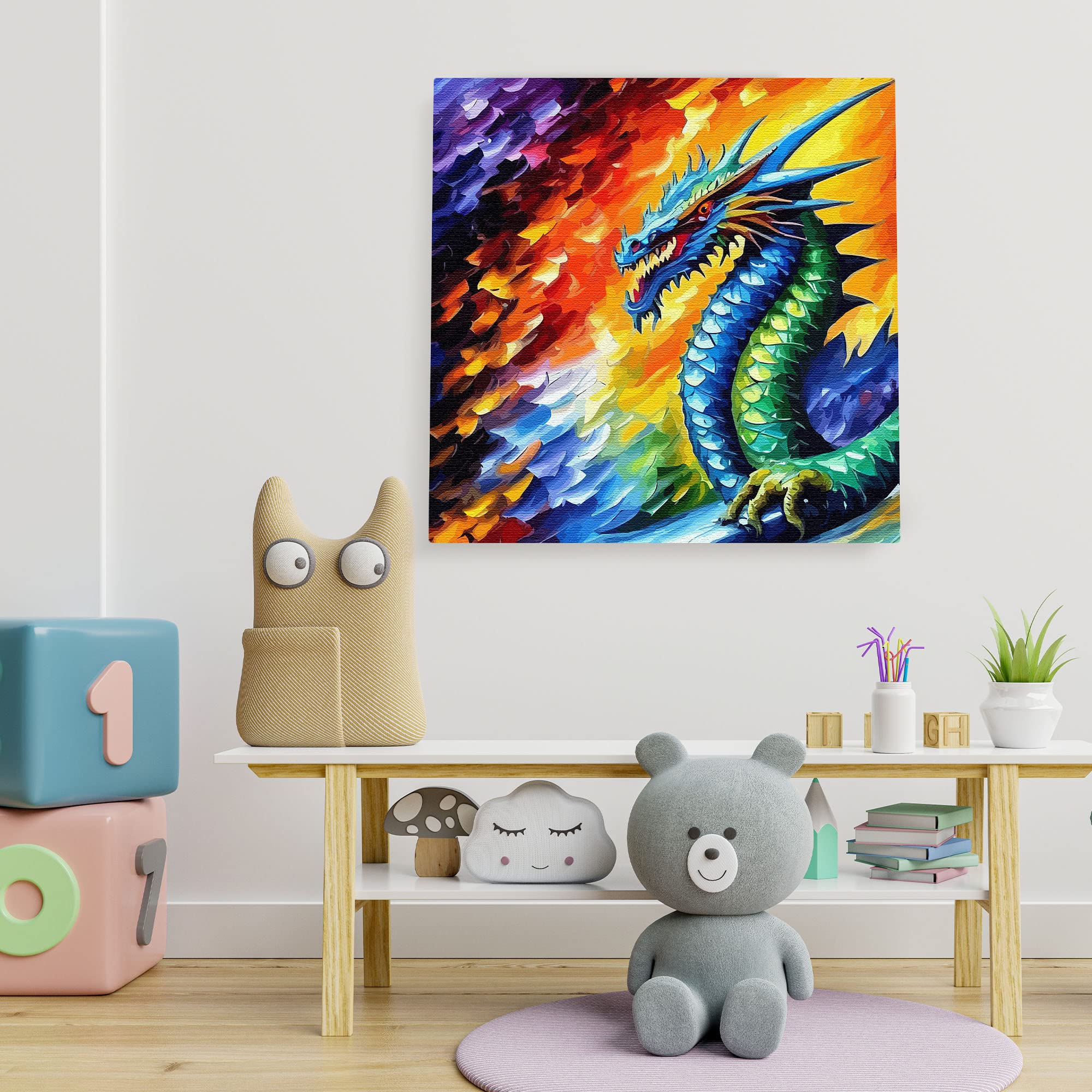Colorful mythical Chinese dragon canvas wall art with vibrant scales and fiery abstract background on square canvas