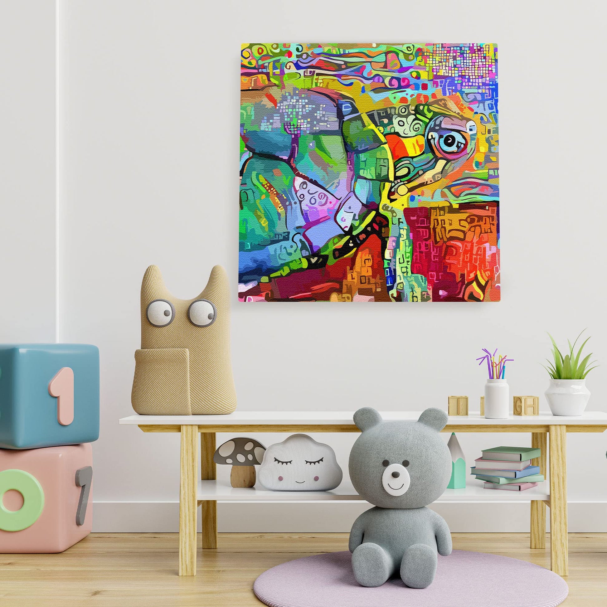 Vibrant colorful abstract sea turtle with geometric patterns on multicolor background printed on square canvas in kids playroom
