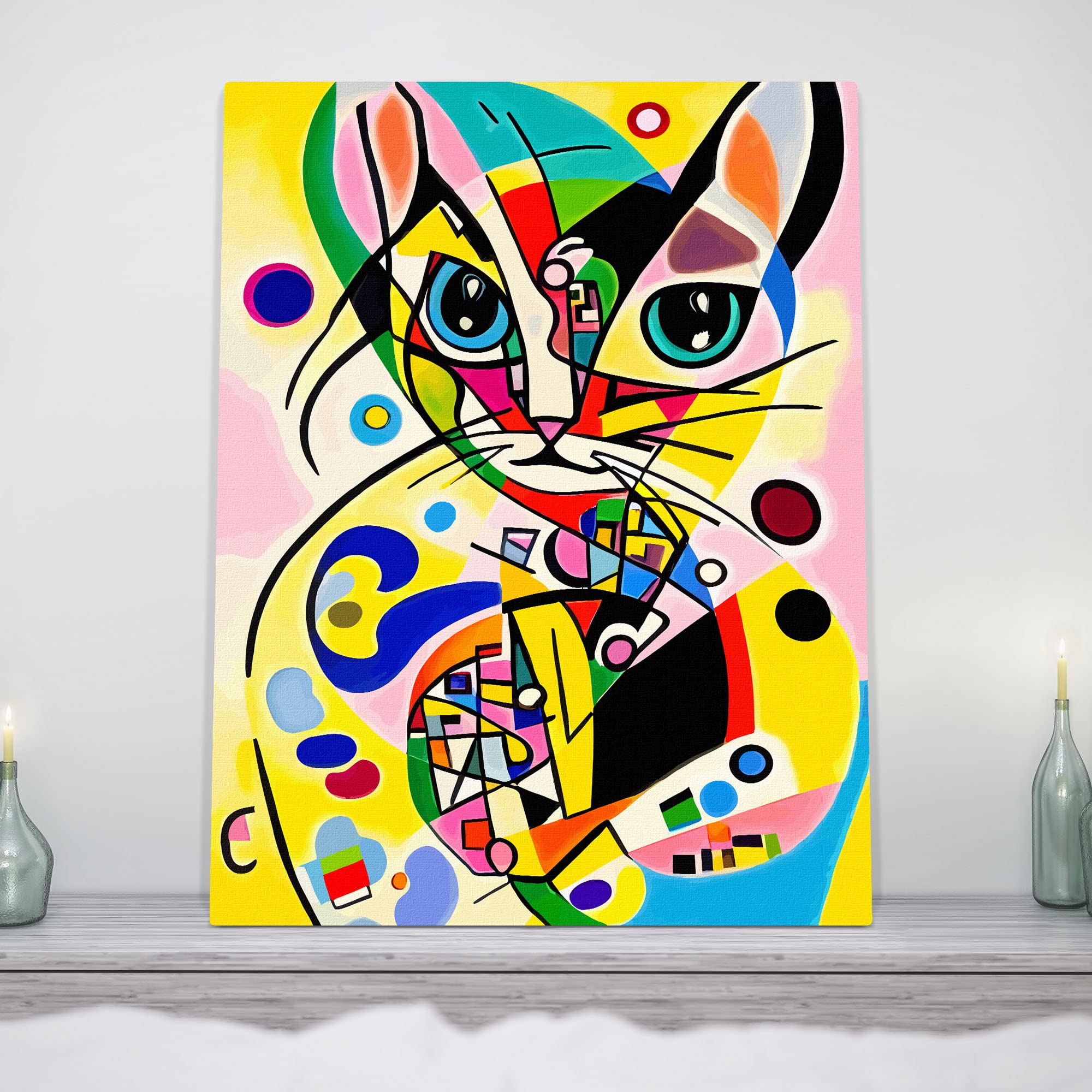 Funky abstract cat wall art with colorful geometric shapes bold lines and bright blues yellows and reds on vibrant canvas