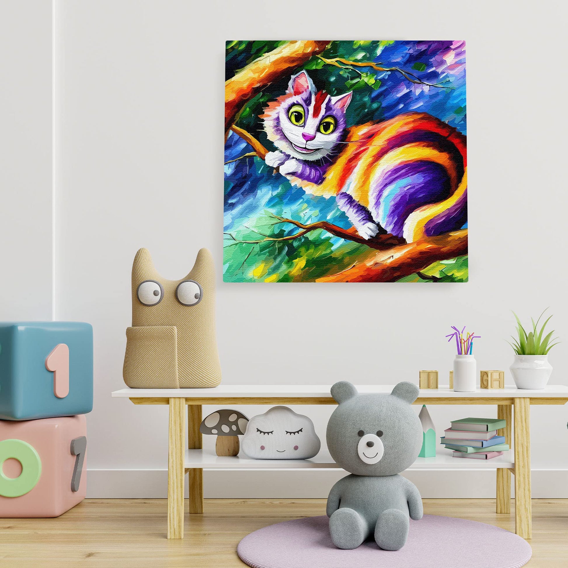 Vibrant Cheshire cat wall art with bright purple and orange stripes perched on twisted tree branch against vivid blue and green background