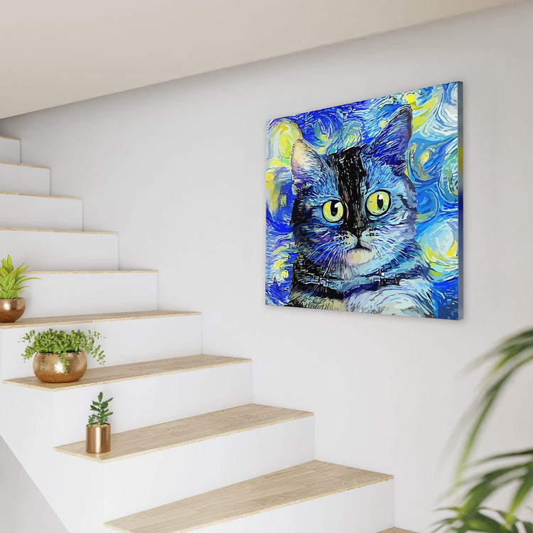 Blue impressionist cat art with swirling brushstrokes and bright yellow eyes displayed on white wall by staircase
