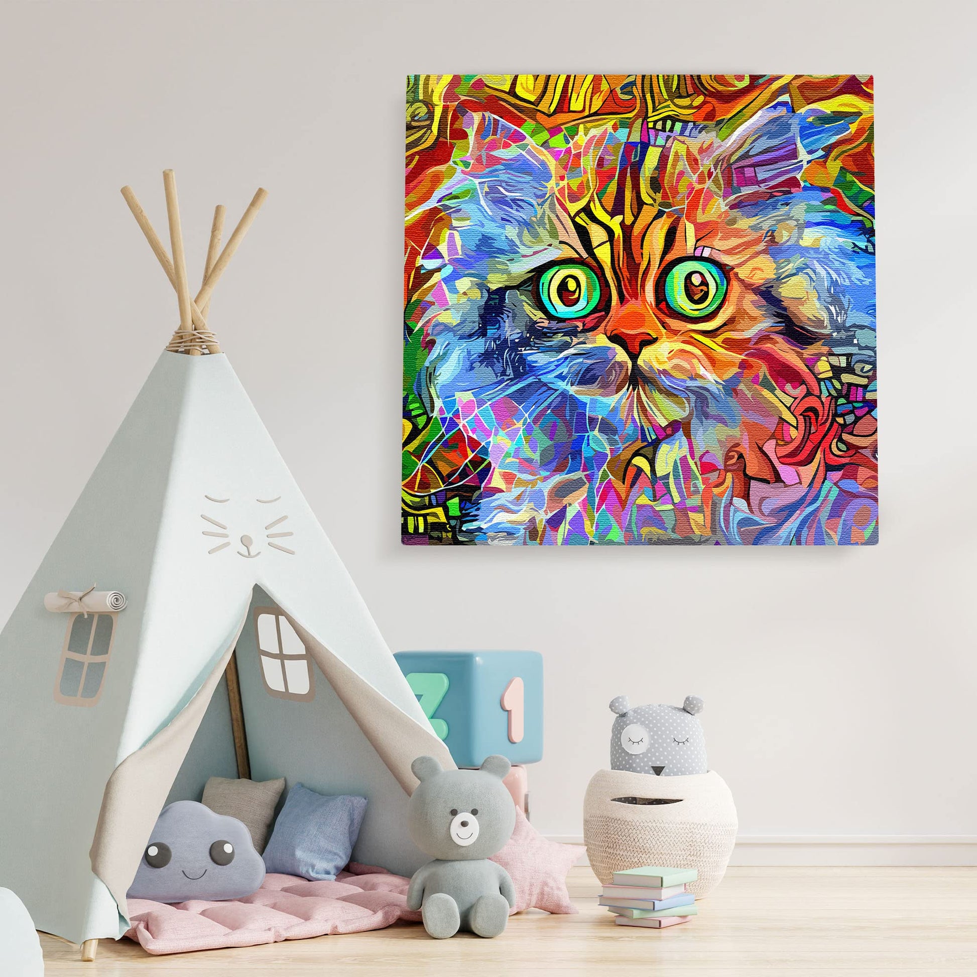 Colorful multicolor cat wall art with vivid geometric patterns and large expressive eyes on square canvas above children's play tent