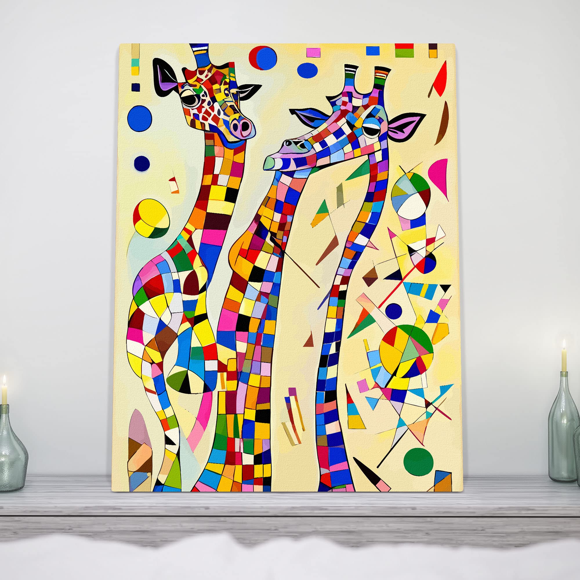 Vibrant colorful geometric giraffe artwork canvas with abstract shapes in bright modern minimalist wall decor setting