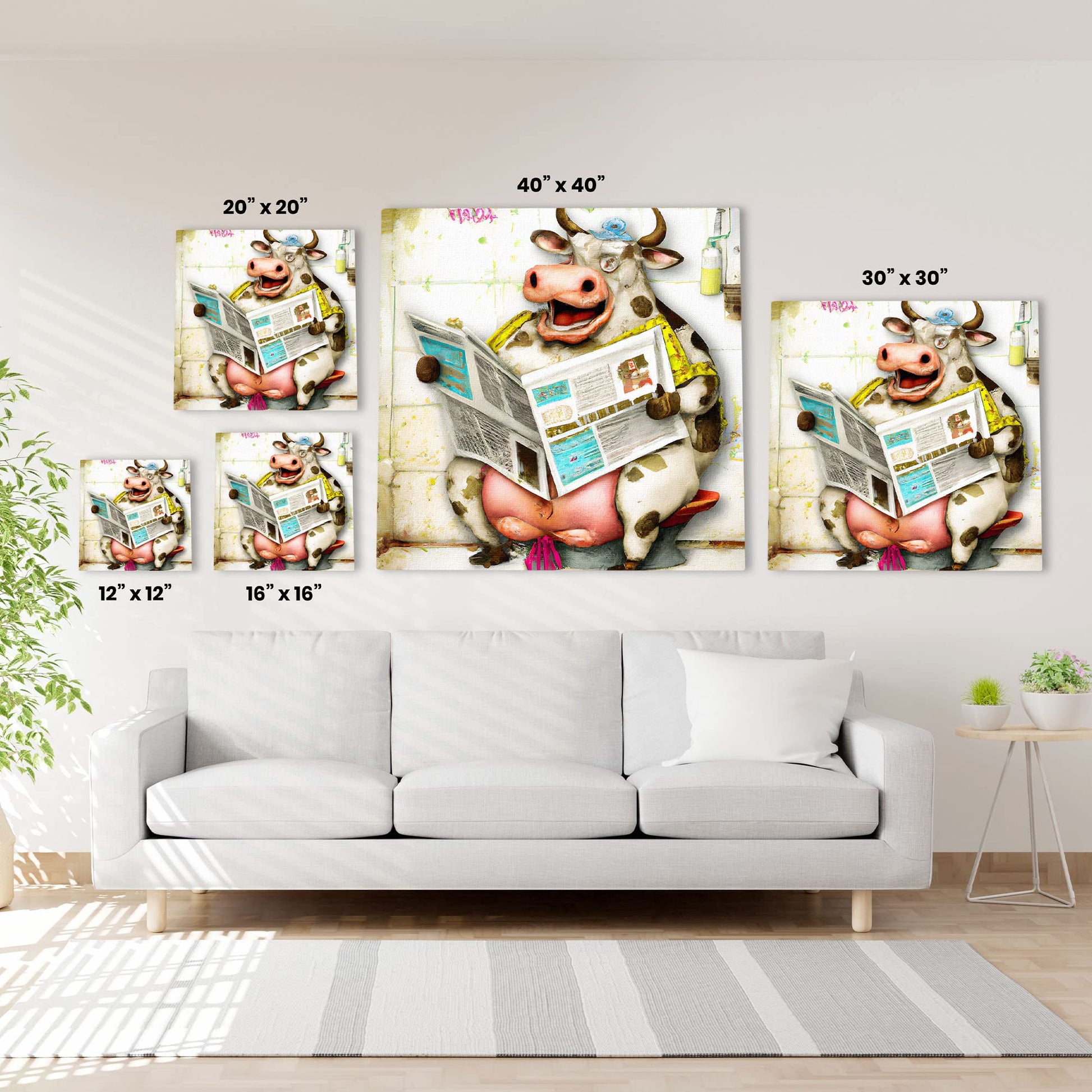 Colorful whimsical funny cow bathroom wall art with cartoon cow sitting on toilet reading newspaper with bathroom decor