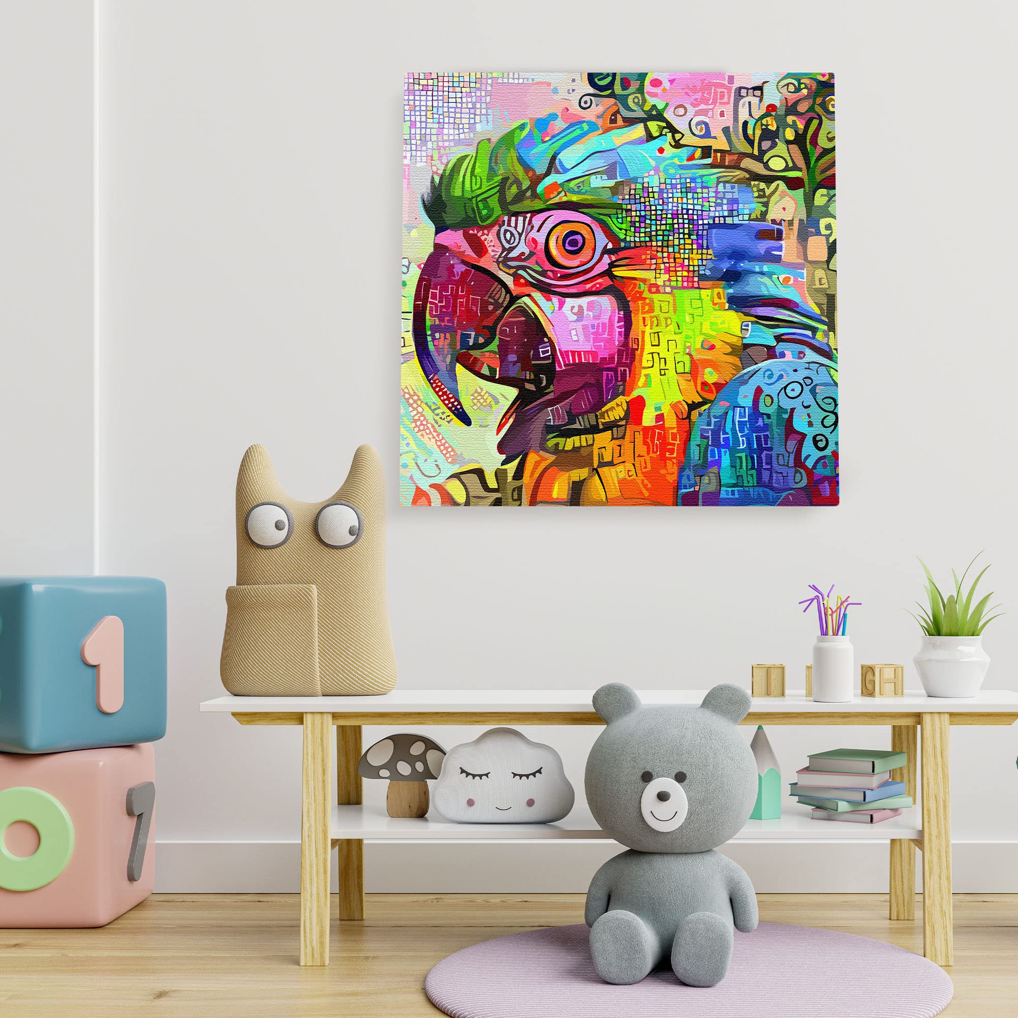 Abstract macaw parrot with vibrant colorful geometric and swirling patterns on square canvas wall art in children's playroom