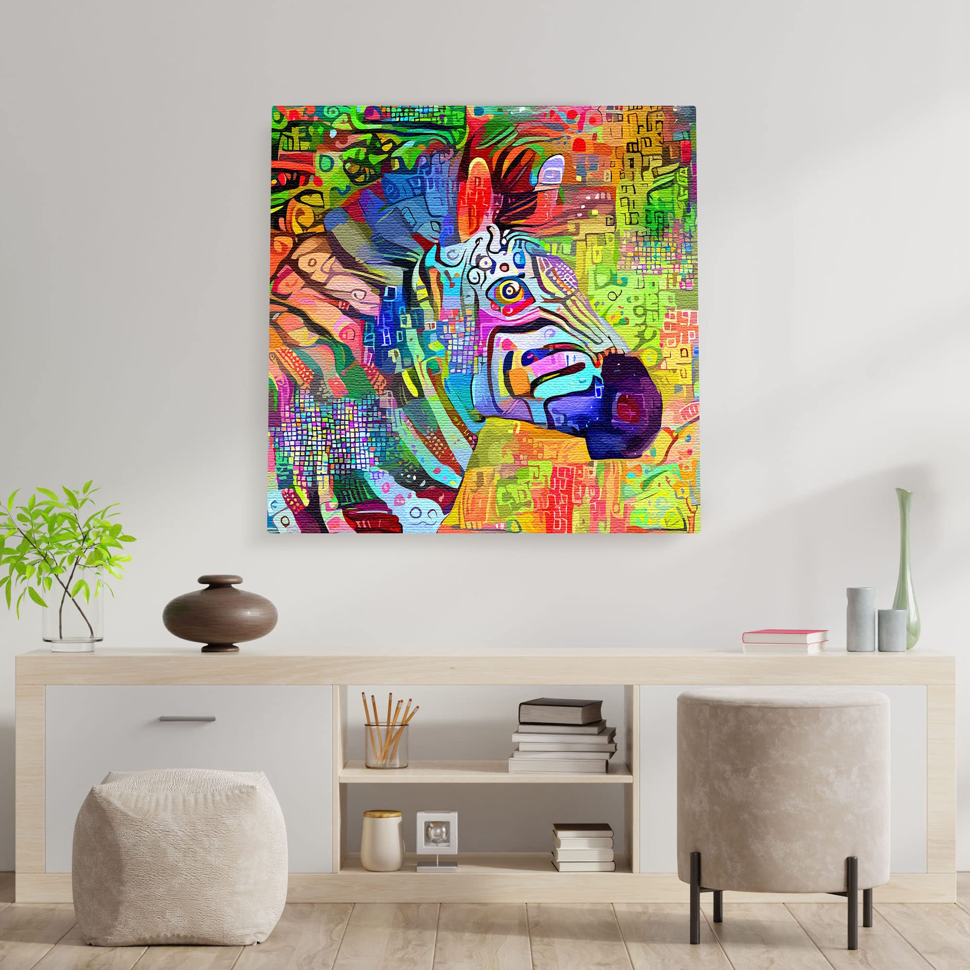Vibrant multicolored abstract zebra portrait printed on canvas hanging on white wall above modern desk setup