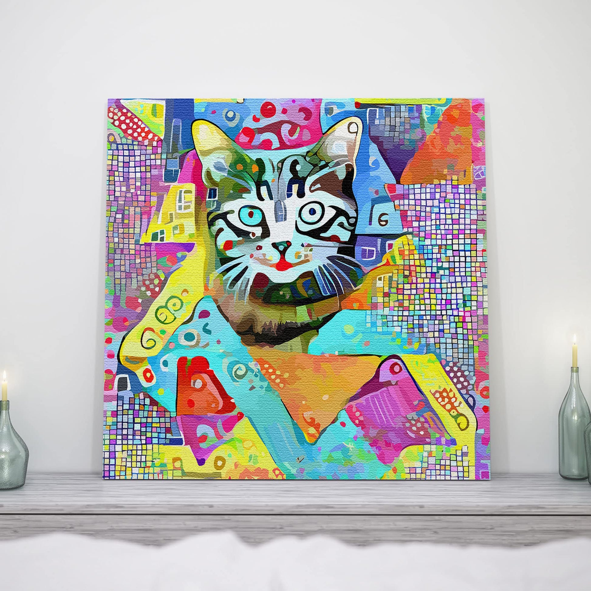 Colorful geometric cat wall art with playful abstract patterns and bright shapes on vibrant multicolor canvas above mantelpiece