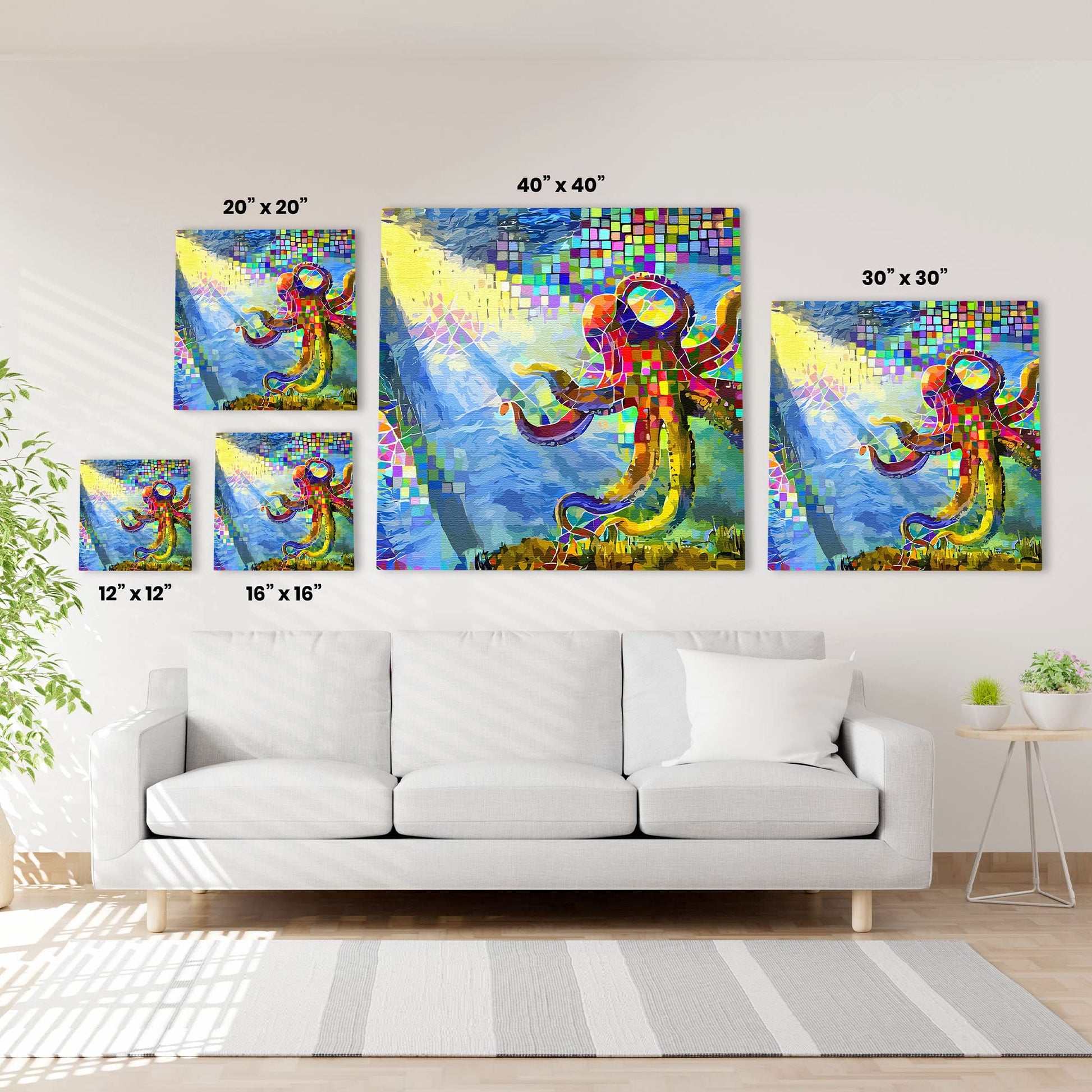 Colorful abstract underwater octopus with geometric patterns on square canvas art displayed above white sofa in bright living room