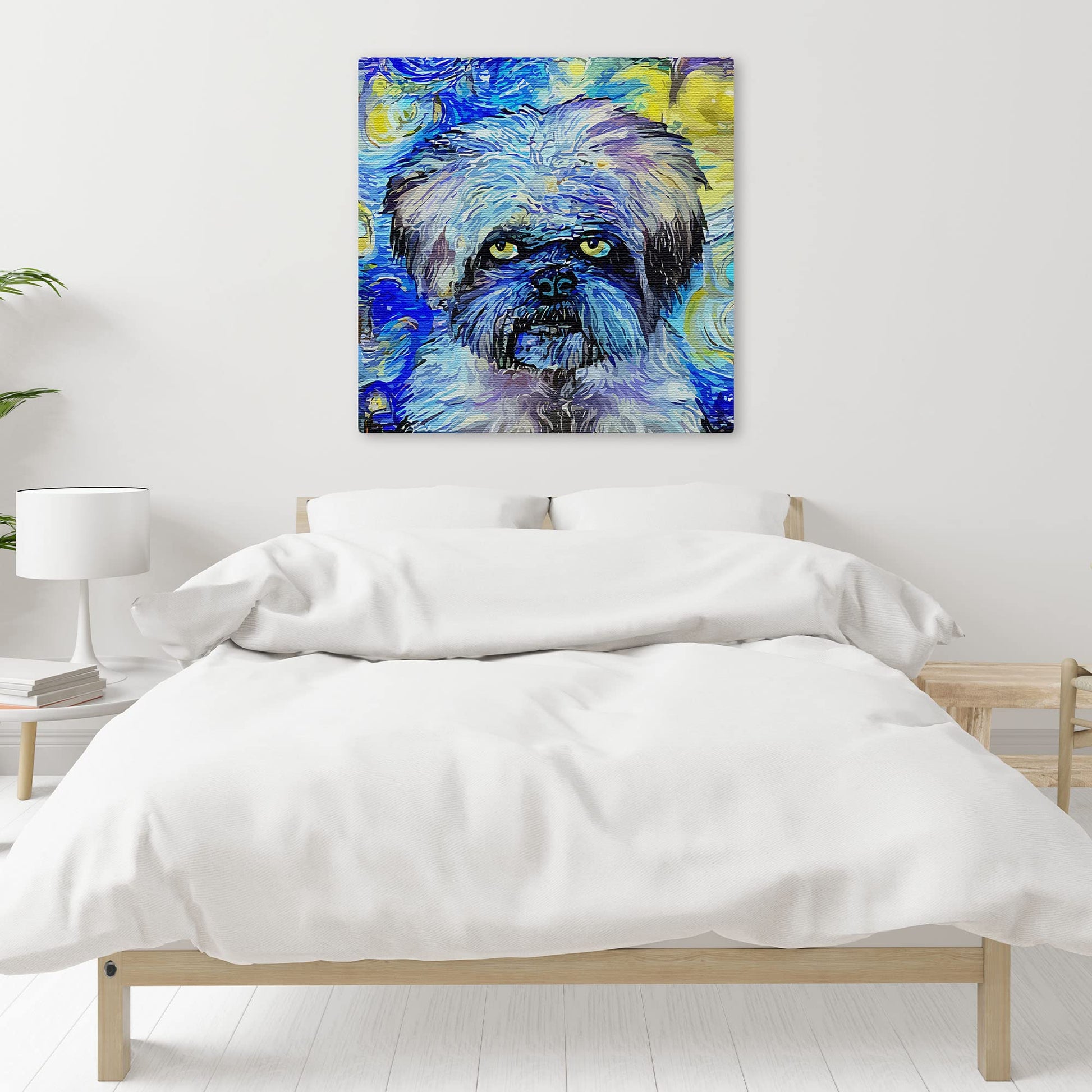 Colorful abstract blue Shih Tzu dog art with swirling vibrant patterns on square canvas above bed in minimalist room