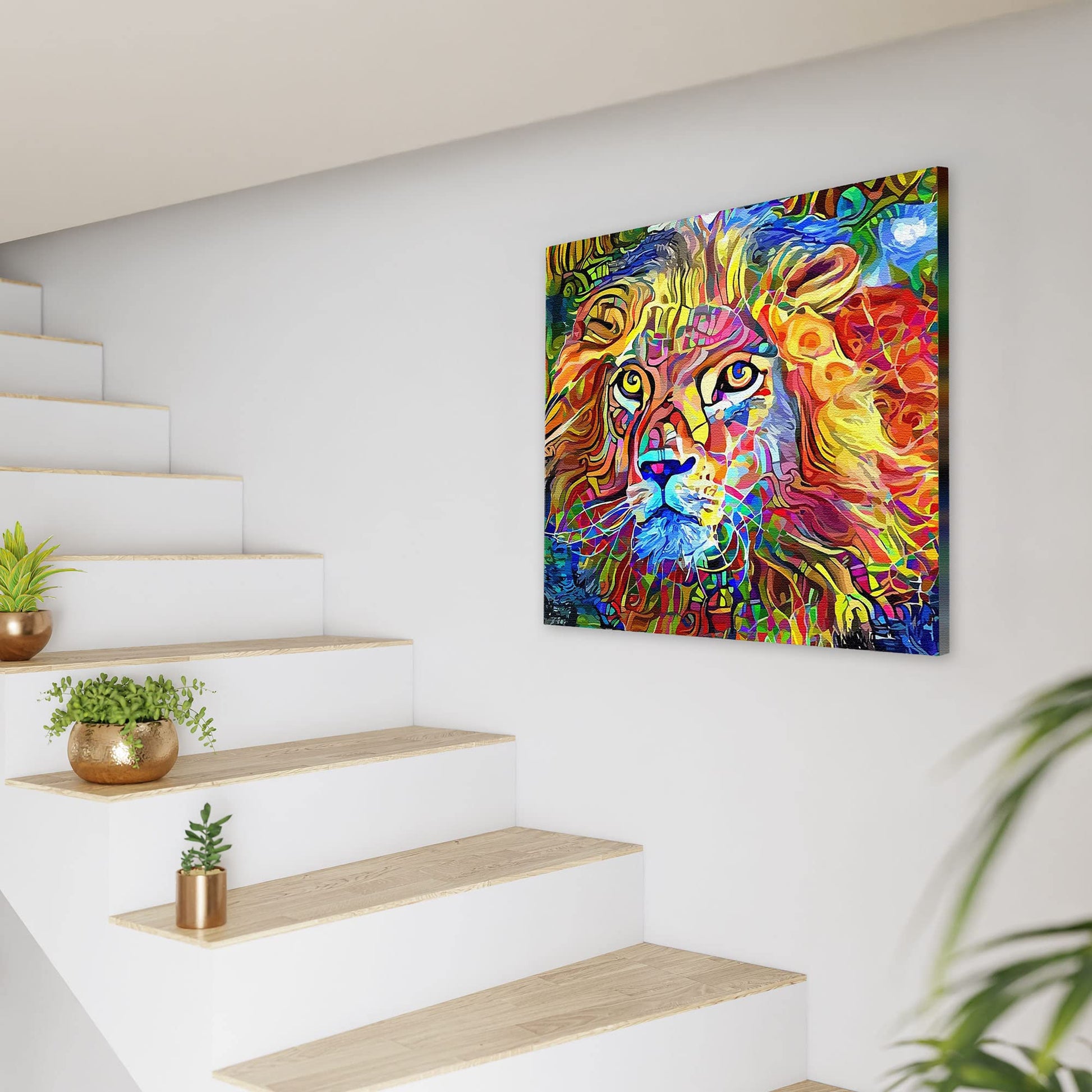 Vibrant colorful abstract king of the jungle lion artwork on square canvas displayed on white wall near modern staircase