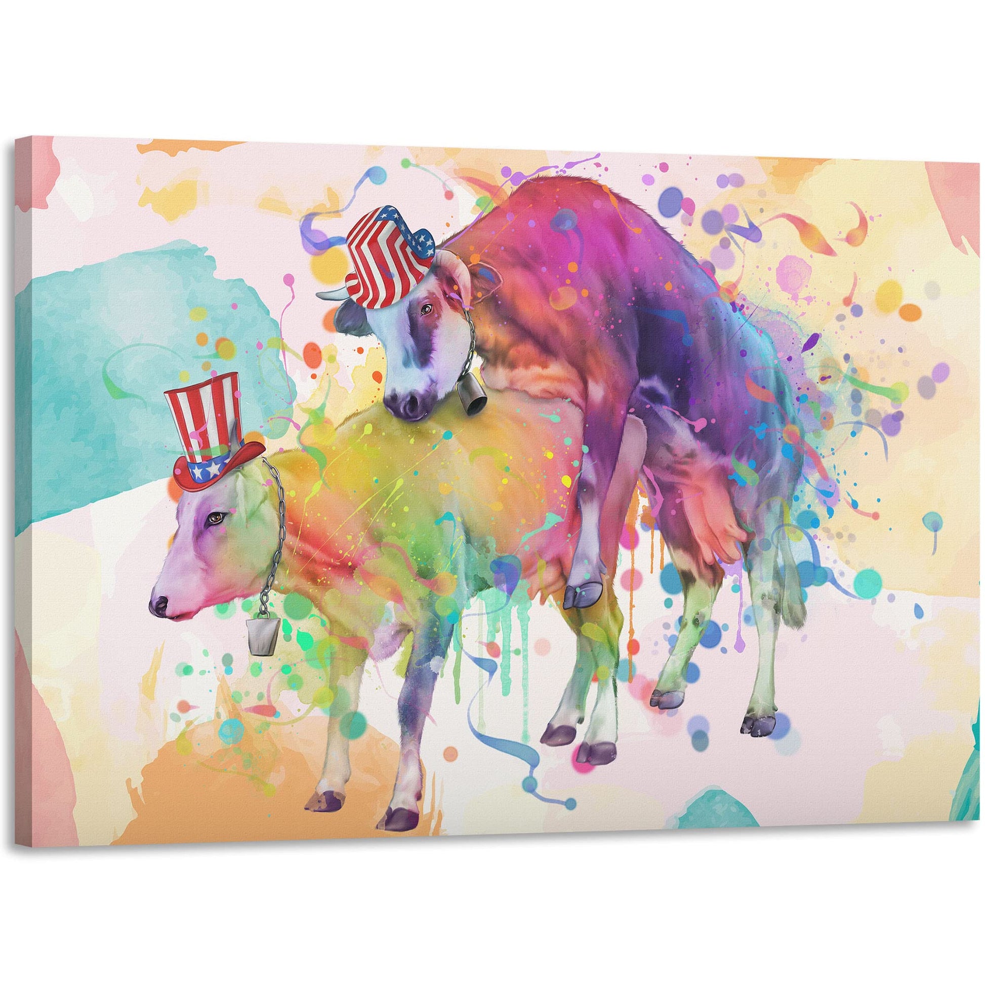 Colorful watercolor rude cows bathroom wall art with two cows wearing patriotic USA hats in vibrant abstract splash background