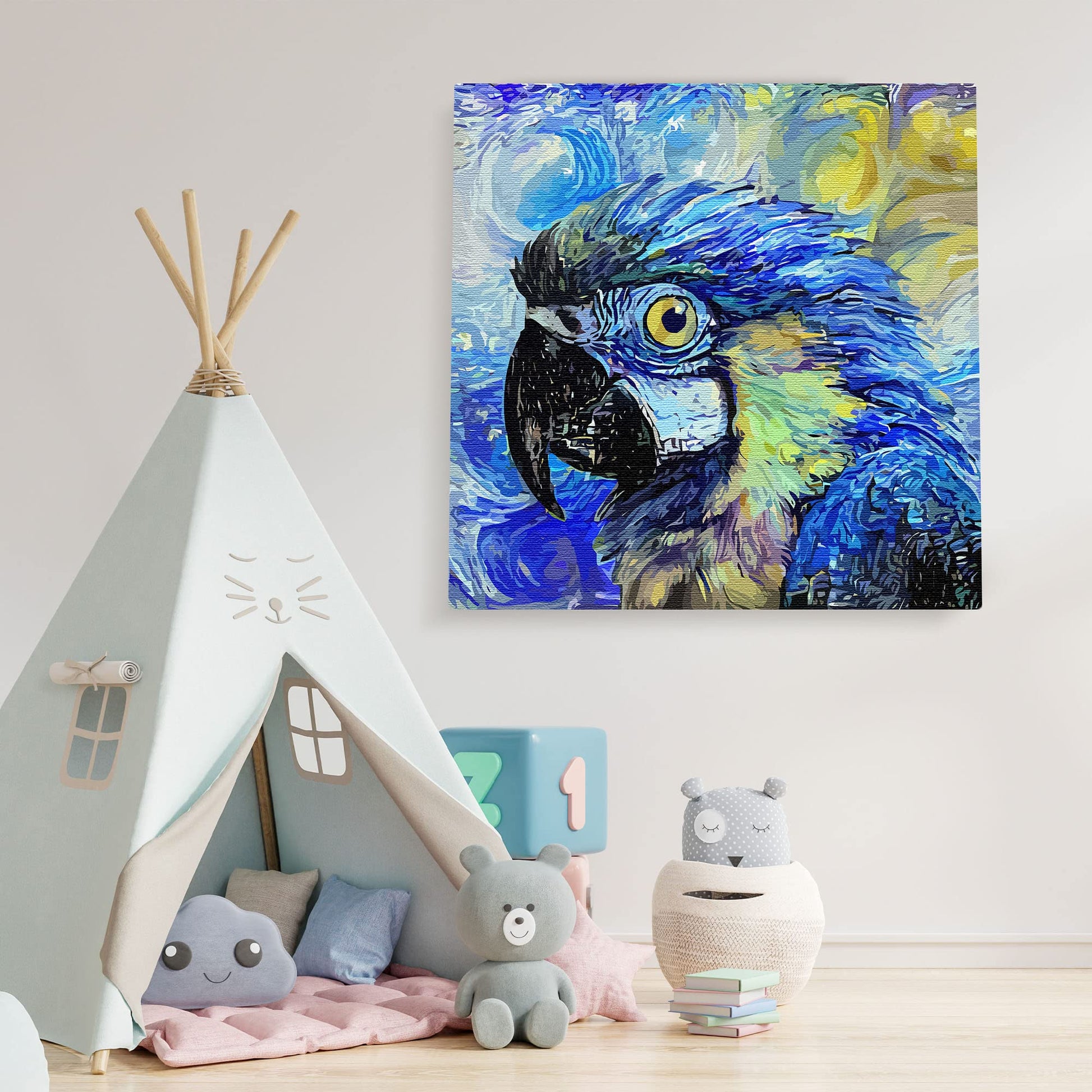 Colorful blue macaw parrot with vibrant swirling brush strokes on square canvas wall art in children's playroom