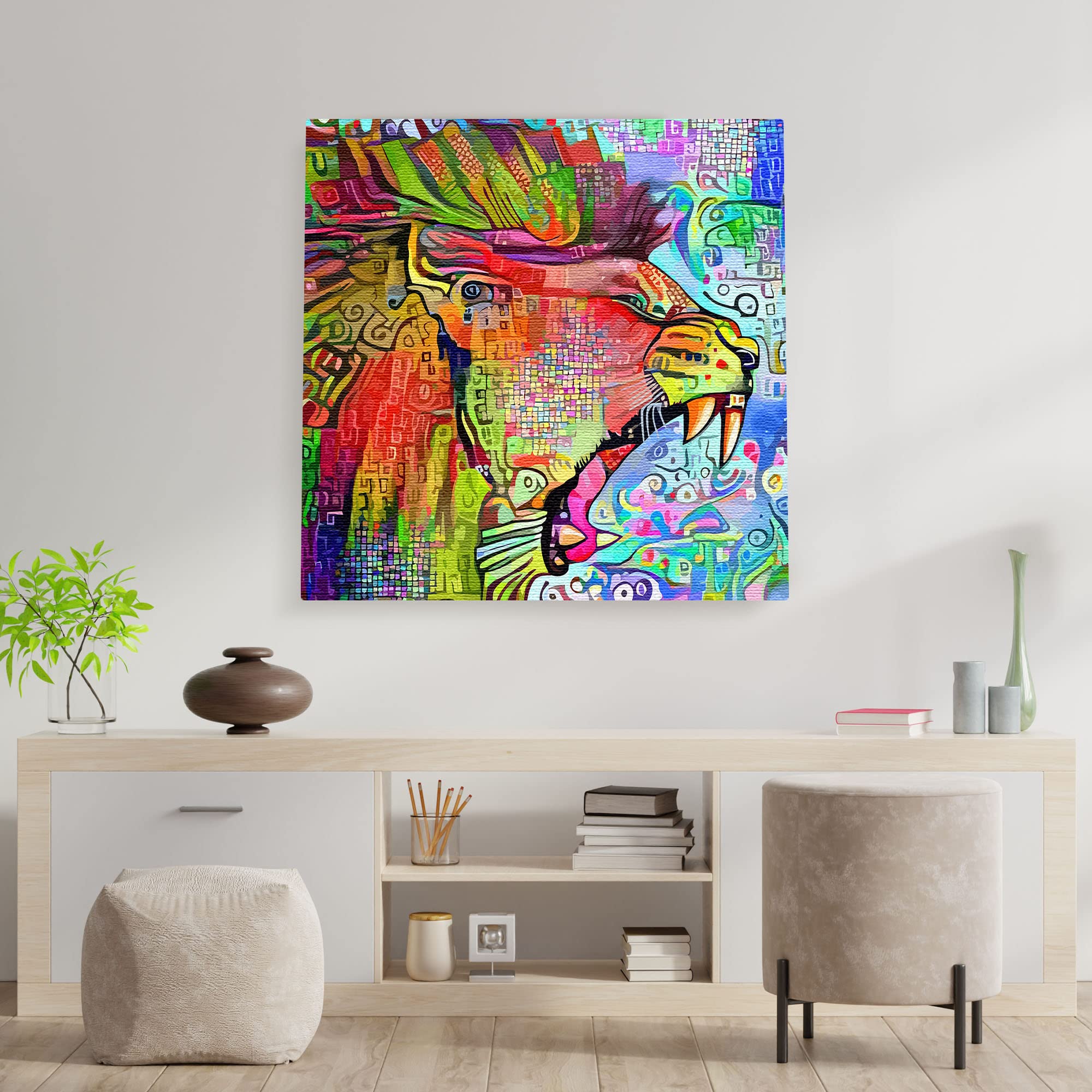 Vibrant multicolored abstract roaring lion artwork on square canvas displayed on white wall above modern wooden console table with decor