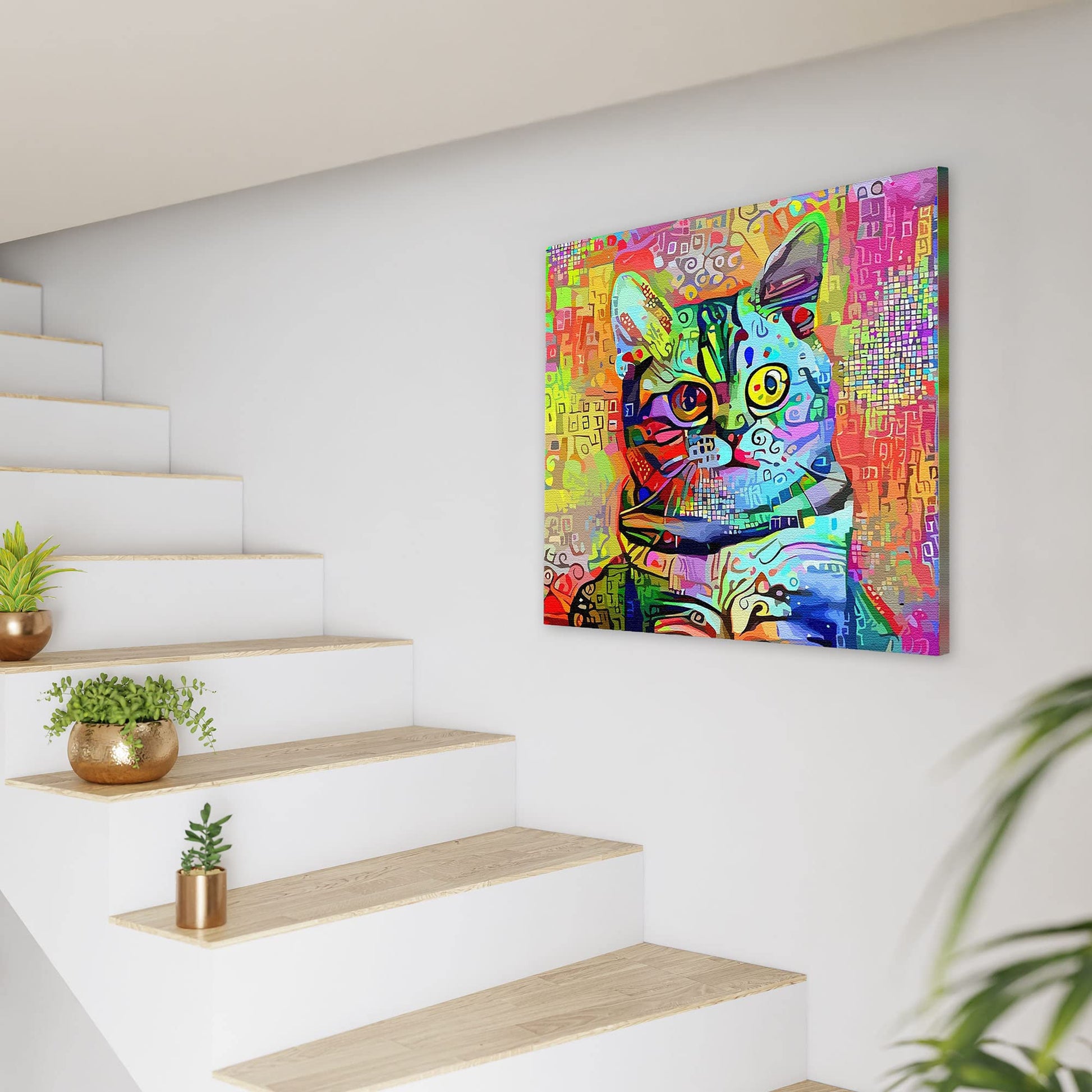 Bright mosaic cat wall art with vivid colorful geometric patterns and expressive eyes displayed on white wall by staircase