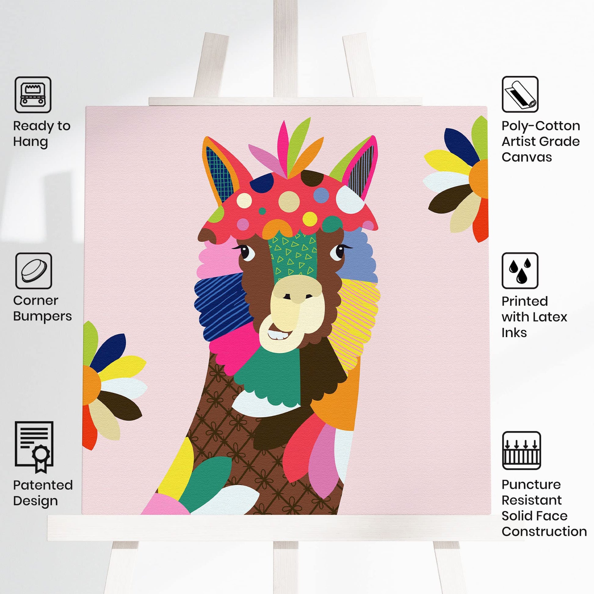 Colorful abstract alpaca nursery wall art with vibrant pinks, greens, blues, yellows, and oranges in geometric and floral patterns