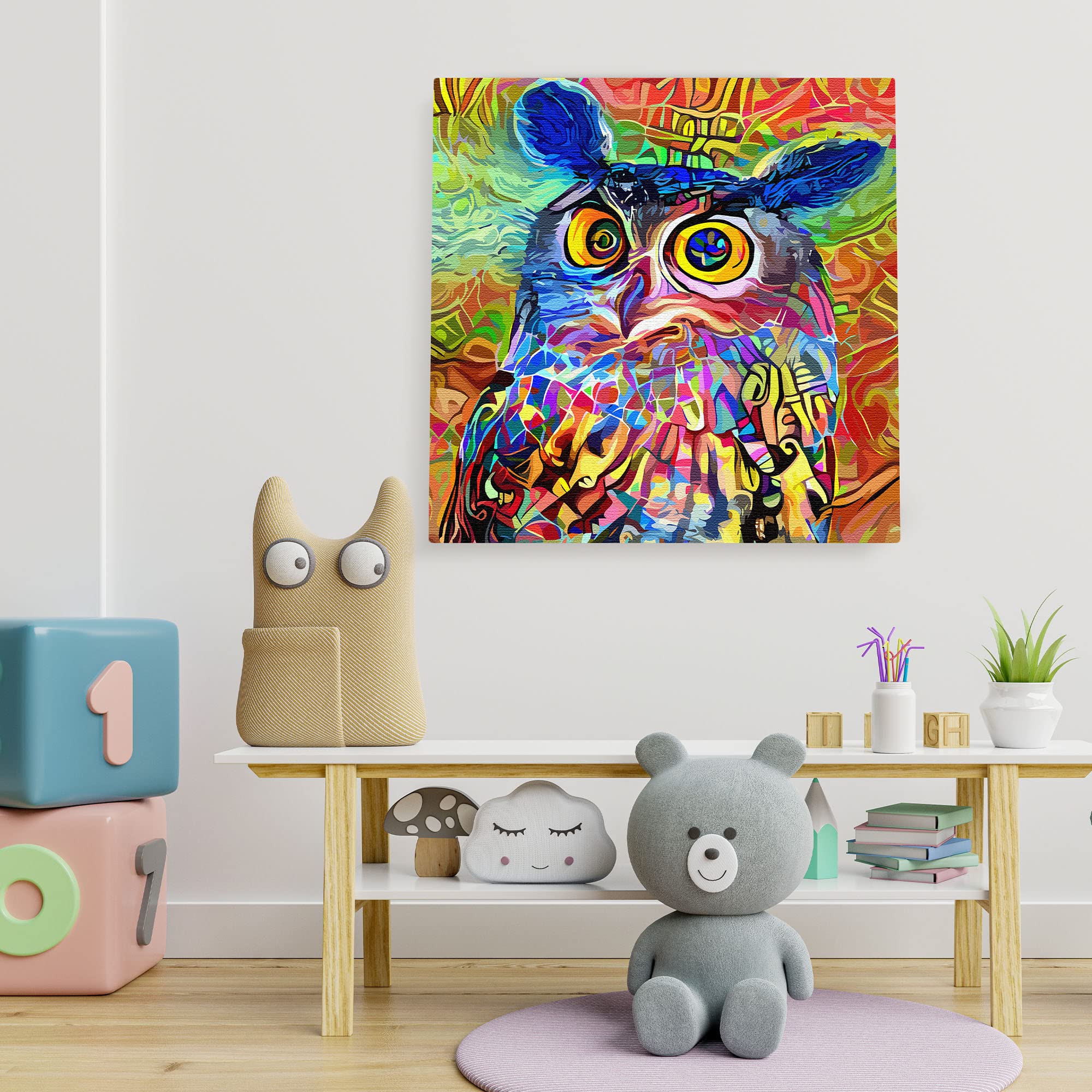 Vibrant geometric mosaic owl with colorful abstract patterns on square canvas wall art in playful children's room setting