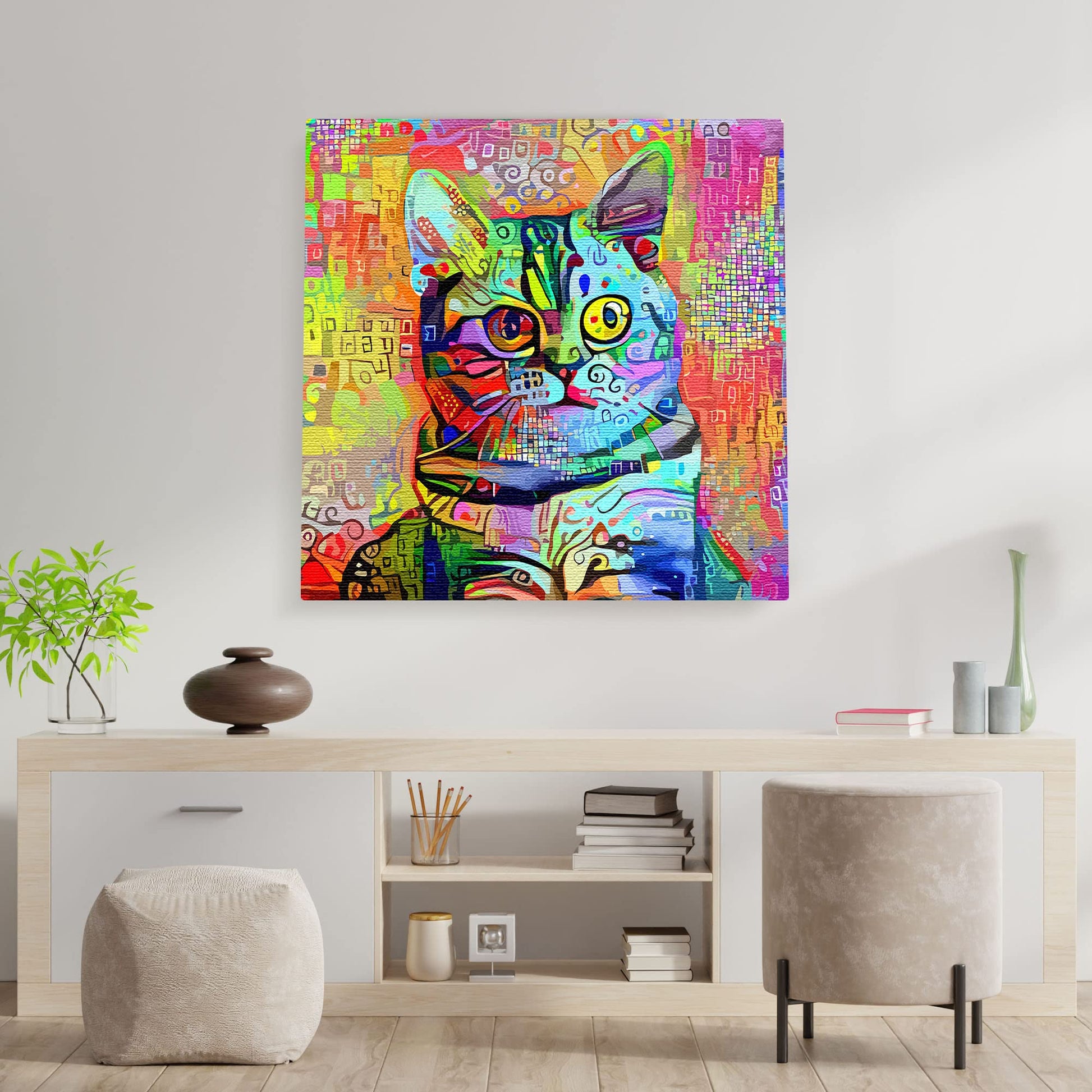 Bright mosaic cat wall art with vivid colorful geometric patterns and expressive eyes on square canvas above minimalist console table