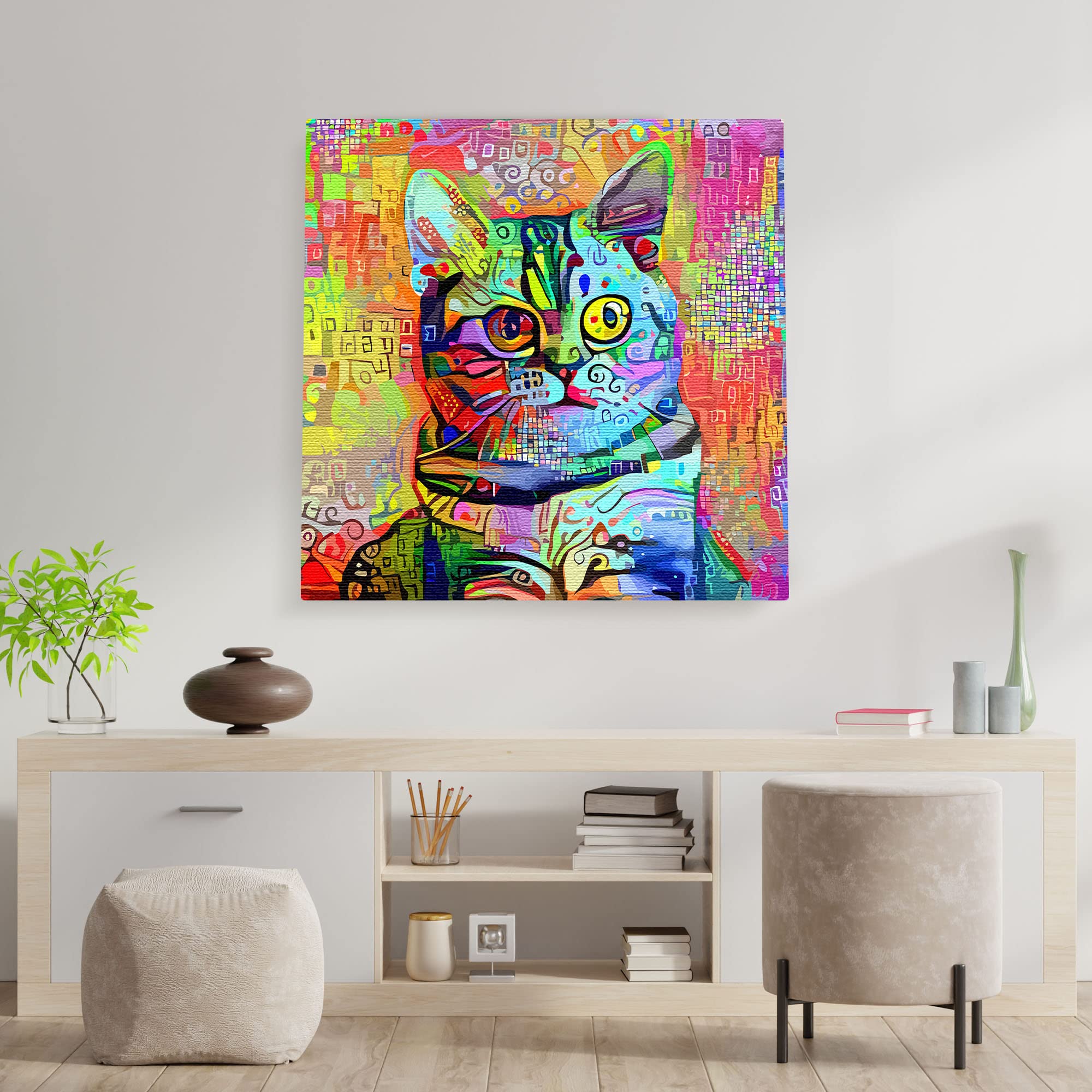 Bright mosaic cat wall art with vivid colorful geometric patterns and expressive eyes on square canvas above minimalist console table