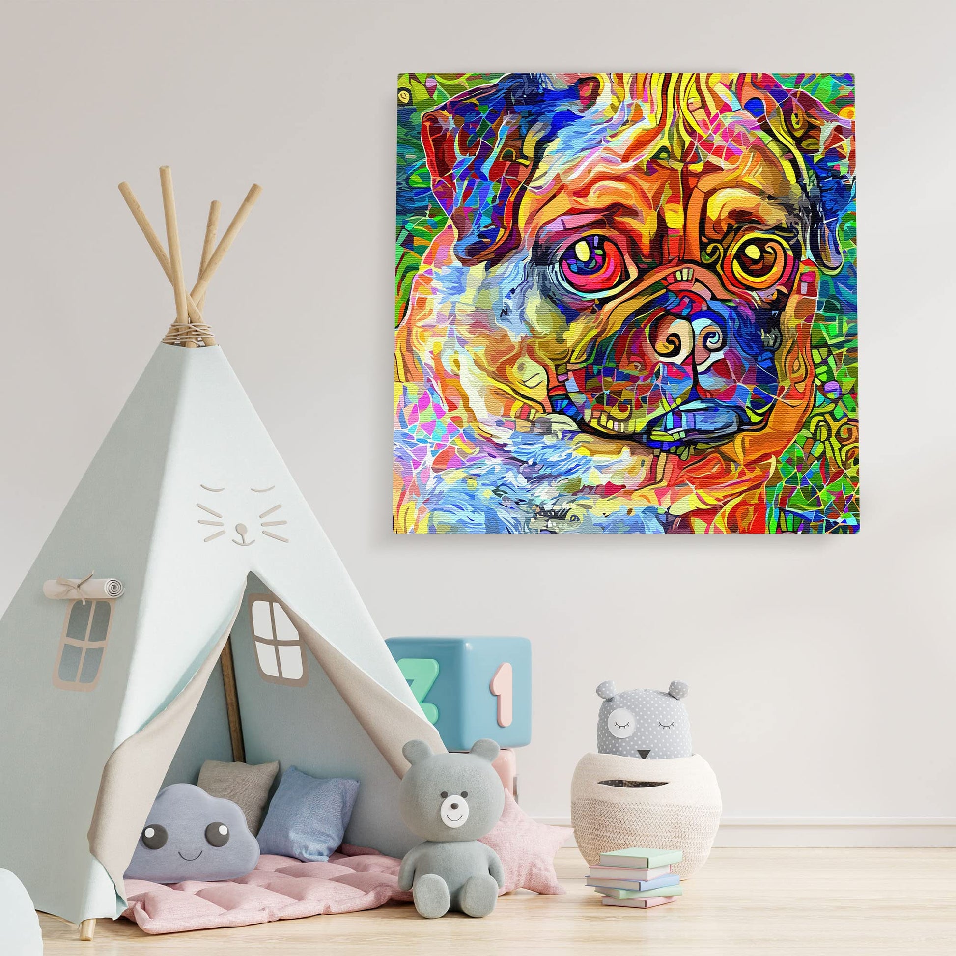 Colorful abstract pug dog art with vibrant multicolor geometric and mosaic patterns on square canvas in bright vivid detail