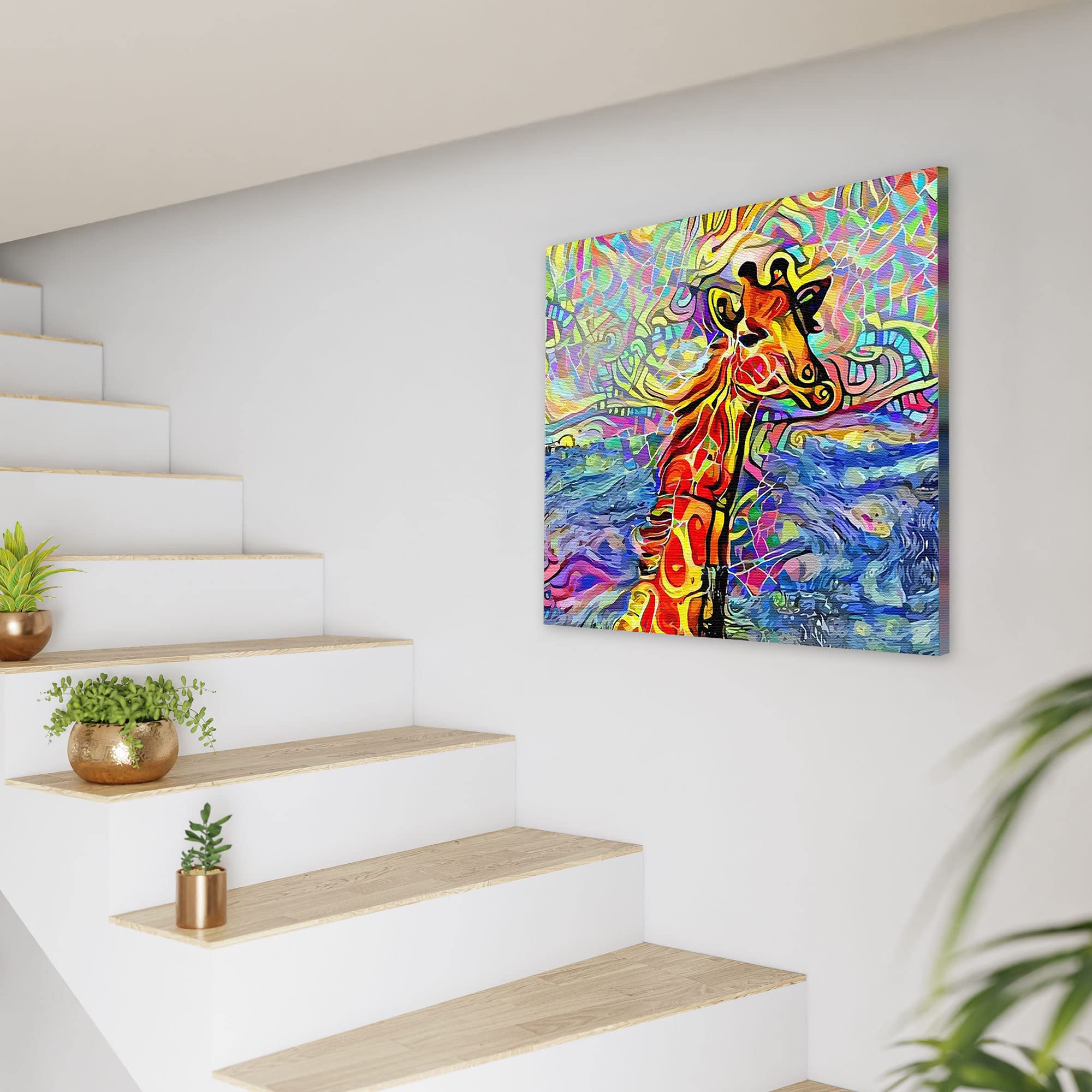 Abstract giraffe canvas wall art with colorful geometric patterns and vibrant swirling shapes in modern minimalist stairway decor setting
