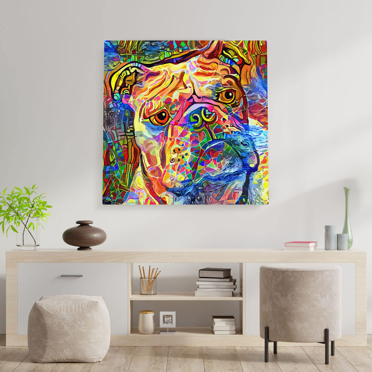 Colorful abstract English Bulldog art with vibrant multicolor brush strokes on square canvas hanging on white wall above modern console table