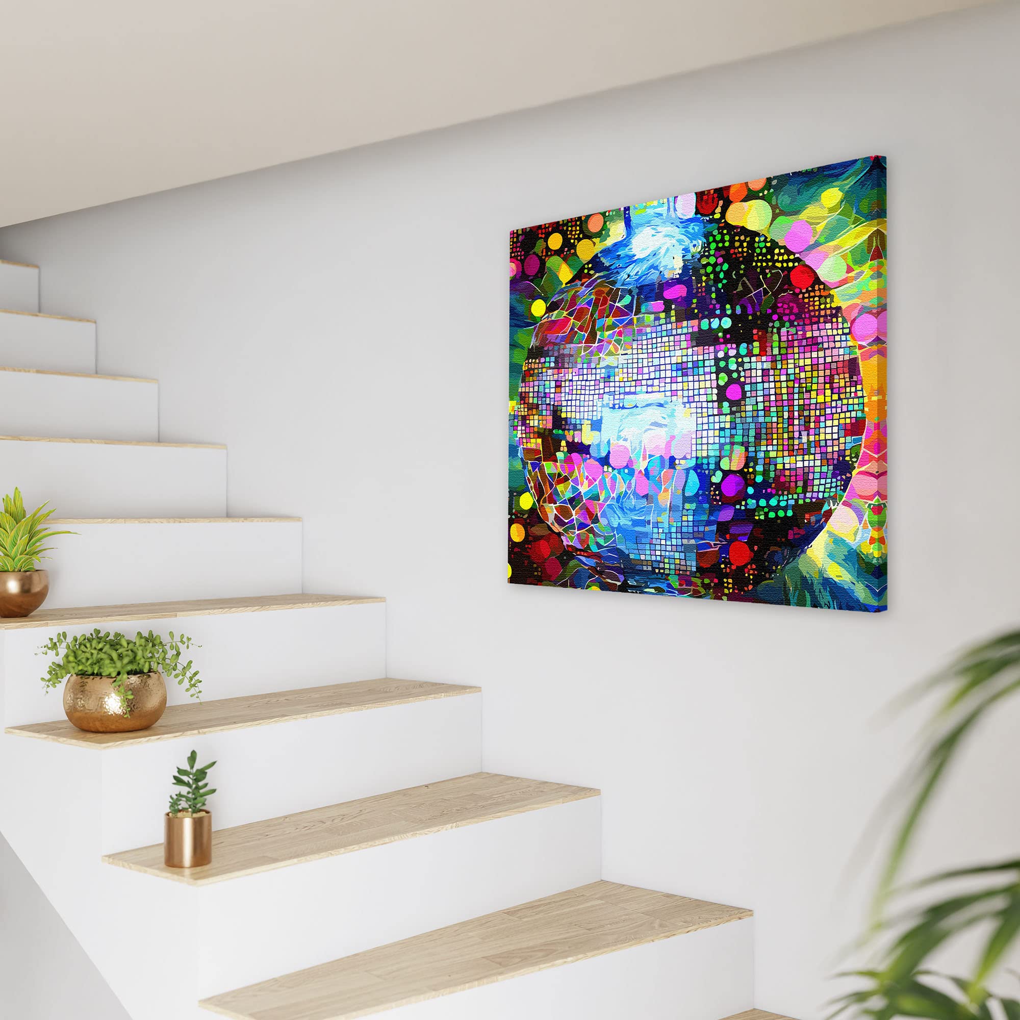 Colorful abstract disco ball wall art with vibrant geometric and mosaic patterns on square canvas hanging on white stairway wall
