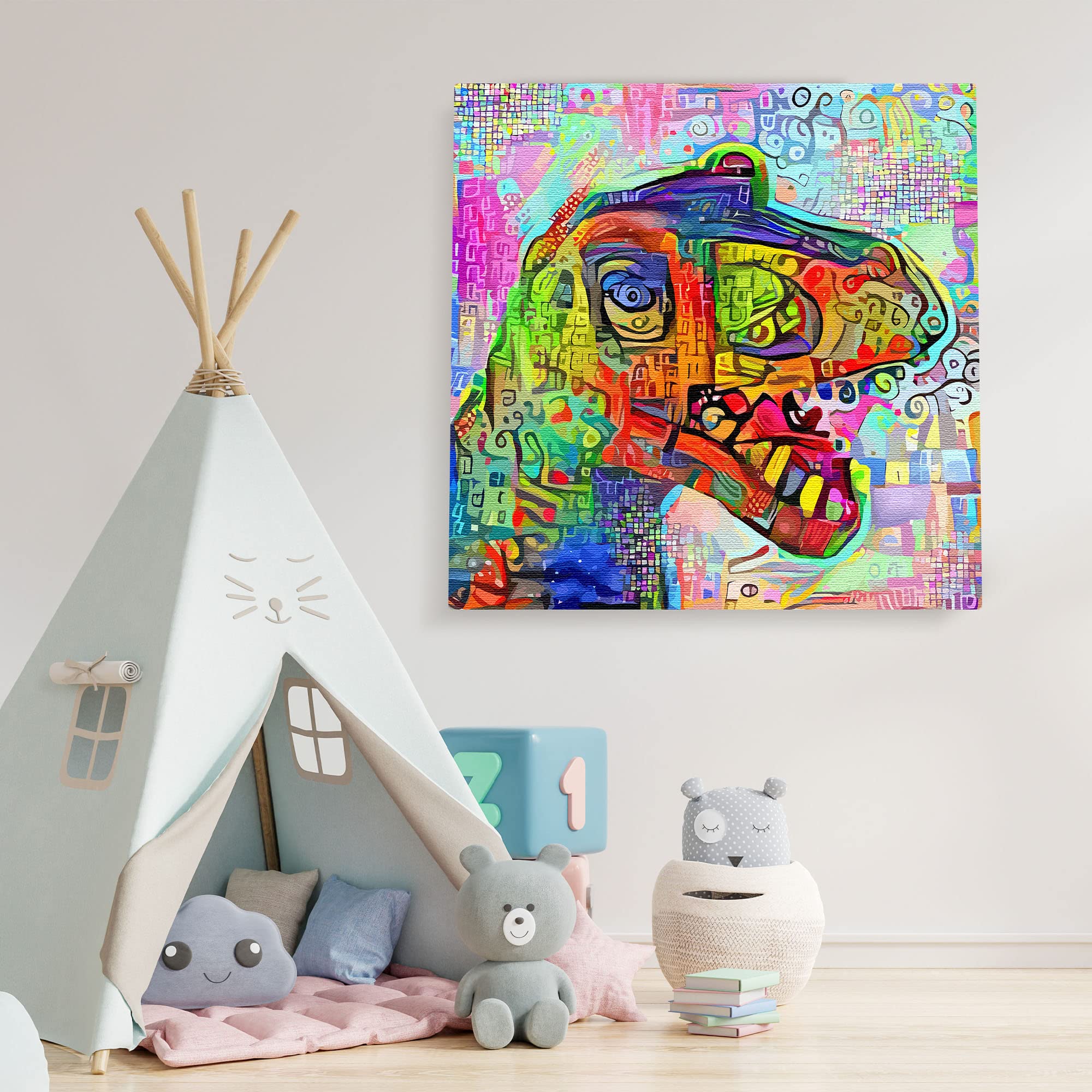 Colorful geometric mosaic T-Rex dinosaur art with vibrant abstract patterns on square canvas in playful kids' room setting