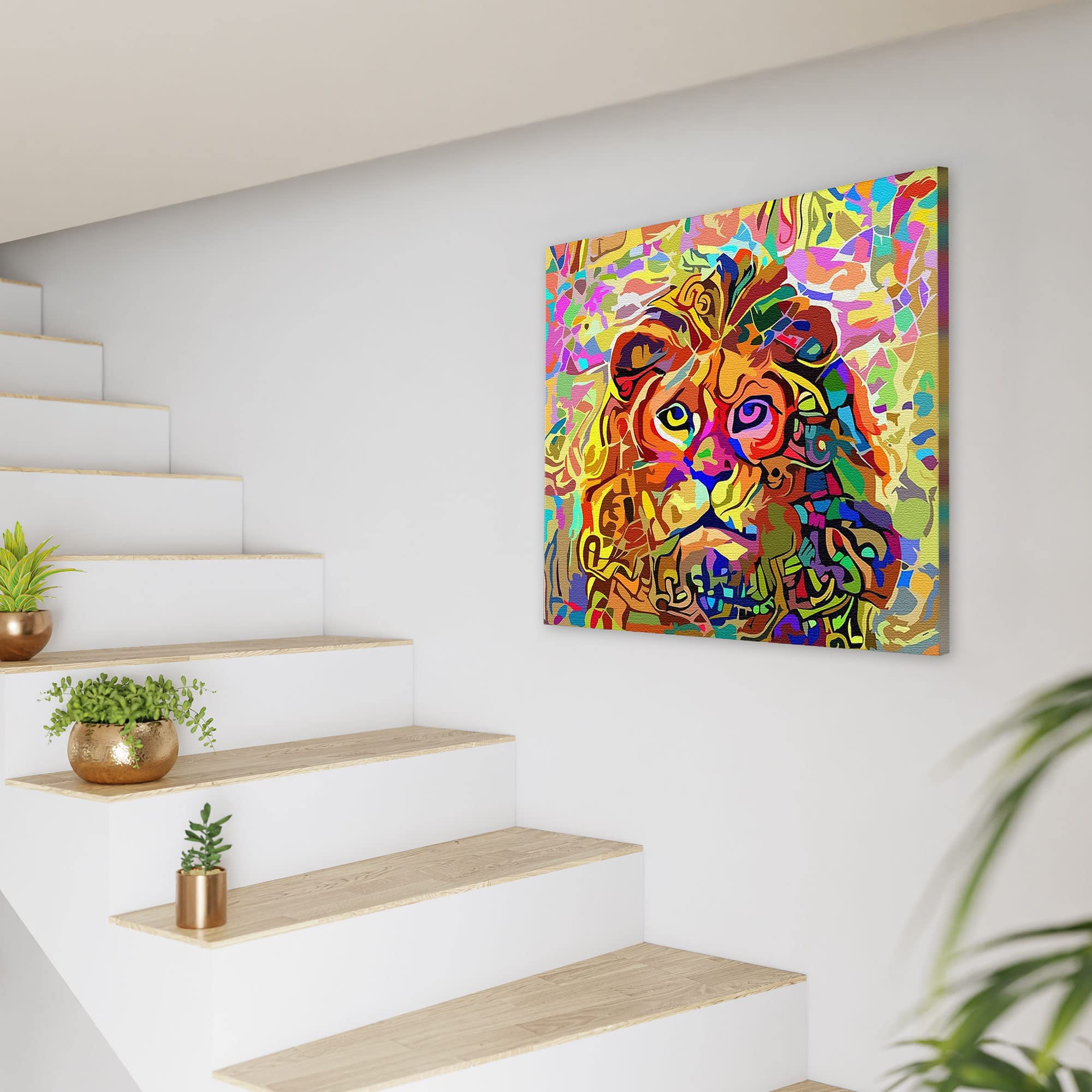 Colorful peaceful serene lion artwork on square canvas displayed on white wall by modern wooden staircase with plants