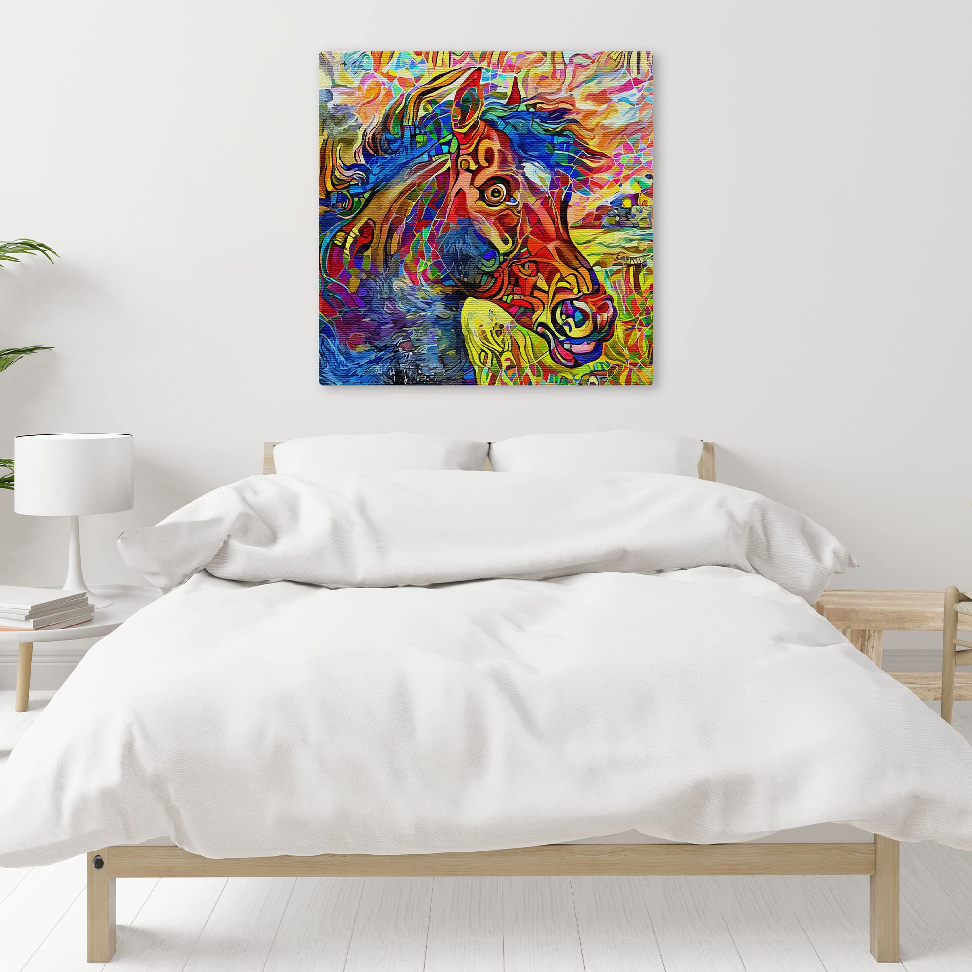 Colorful abstract horse art painting on textured canvas in vibrant modern minimalist bedroom wall decor setting