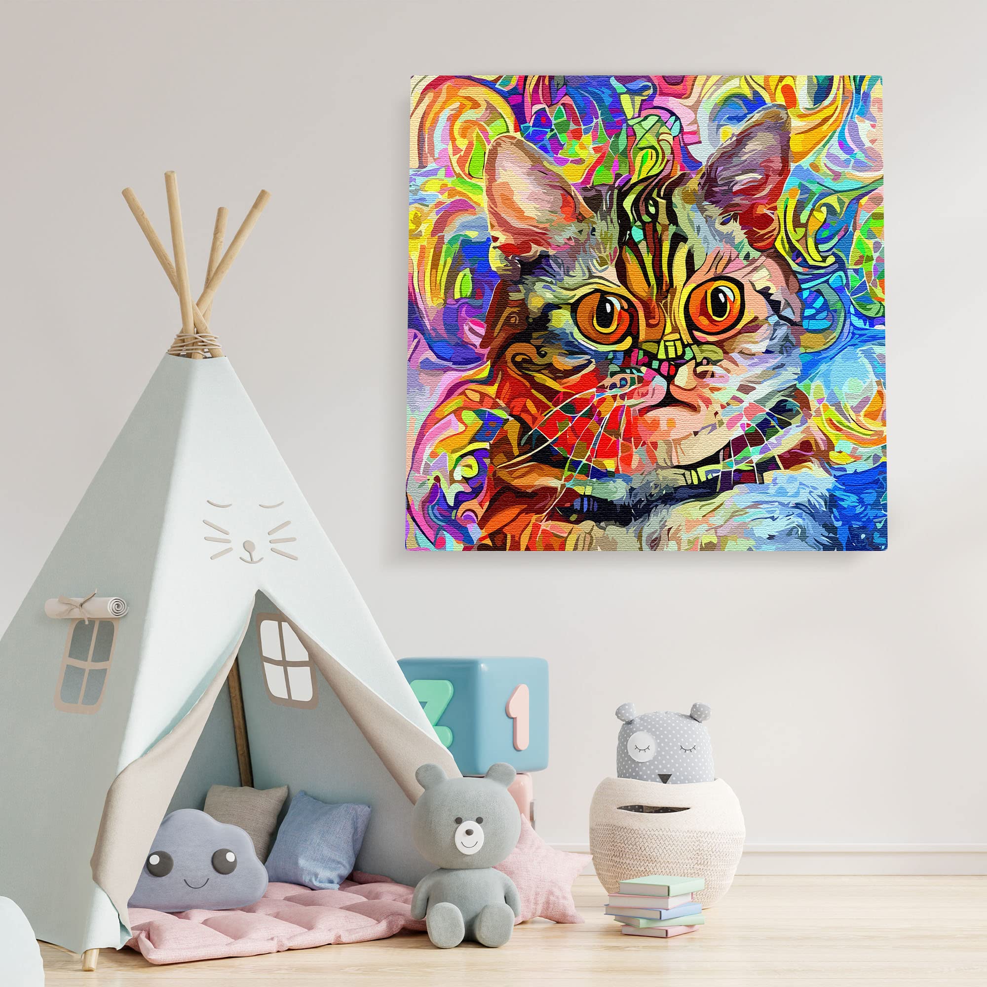 Colorful watercolor cat wall art with vibrant abstract patterns and bold lines on bright canvas above kids playroom teepee